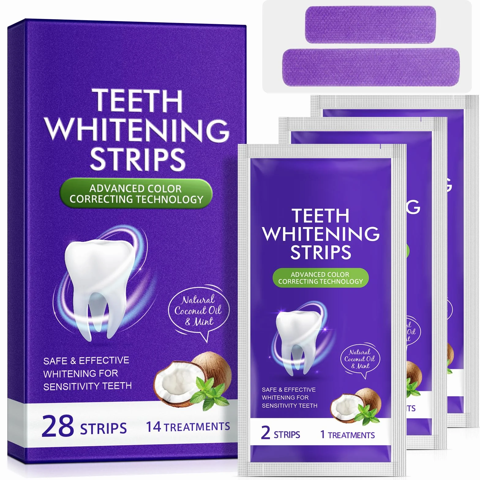 Strisce sbiancanti viola, confezione da 28 pezzi per sbiancamento dei denti per 14 trattamenti, risultati rapidi 30 minuti, formula resistente, sicuro e antiscivolo per tutti