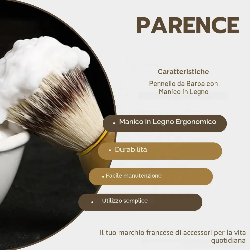 PARENCE.- Pennello da barba con manico in legno - Classico ed elegante, design universale