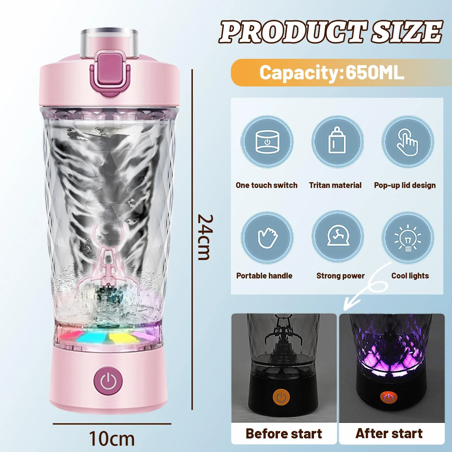 flintronic Bottiglia per Shaker per Proteine, 650 ml Shaker per Proteine Elettrico, Tazze Shaker Ricaricabili USB, Protein Shaker Bottle con Vano Portaoggetti, Senza BPA, per Frullati Proteici