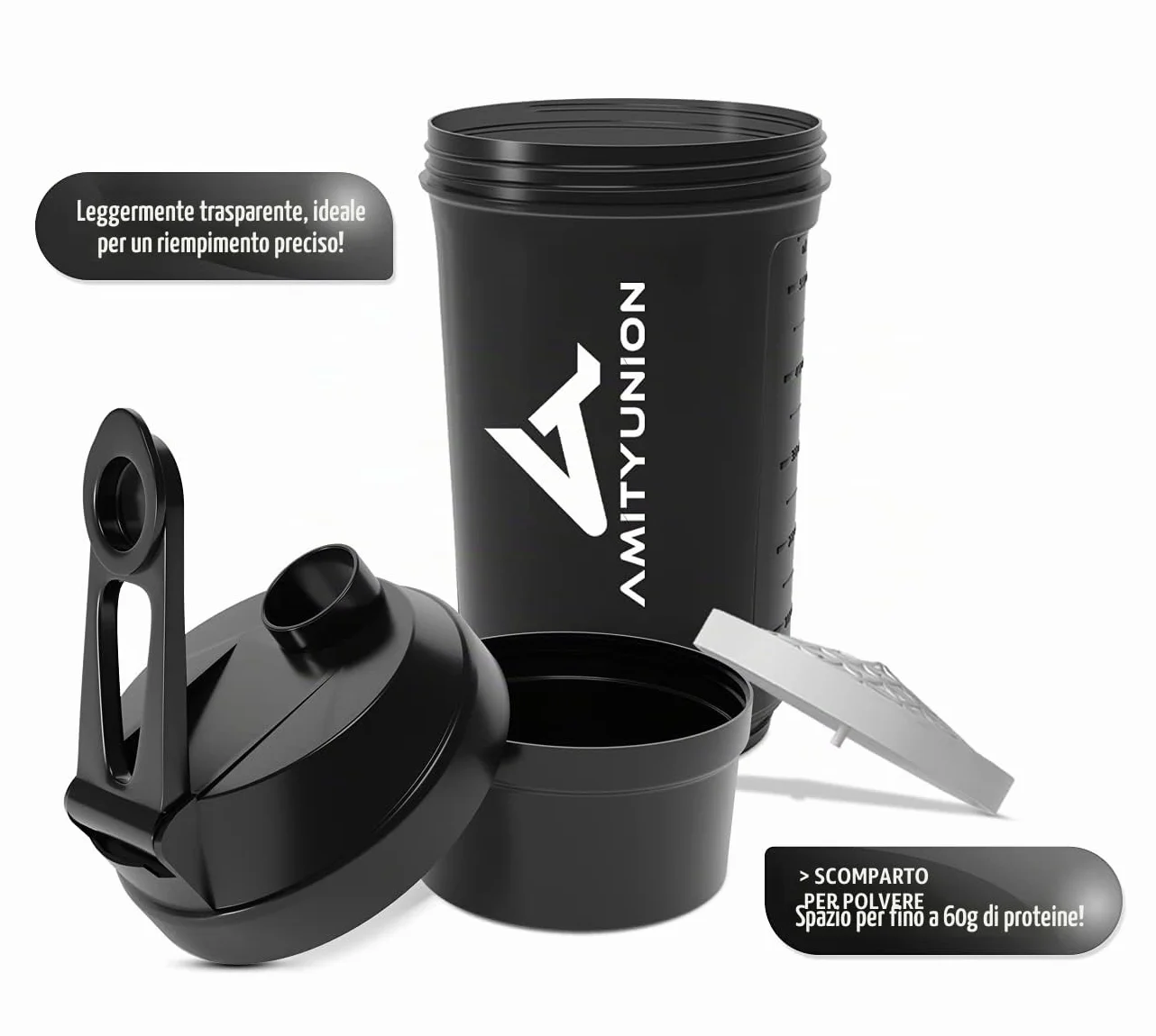 AMITYUNION Shaker per proteine ​​FYRA 700 ml con contenitore - scomparto polvere - shaker per proteine, senza BPA con setaccio e scala per frullati di siero di latte e BCCA, (Black)