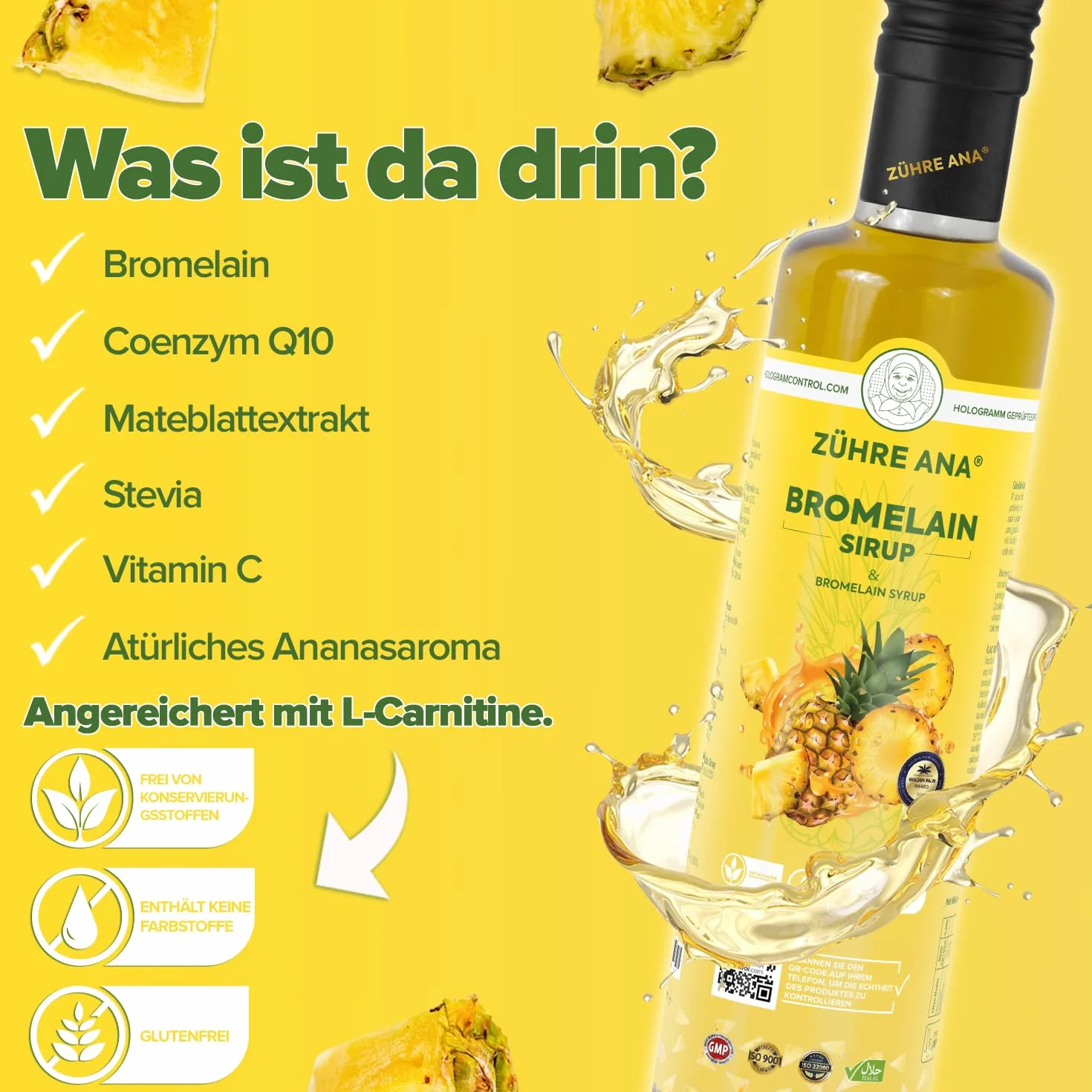 Zühre Ana® Sciroppo di bromelina con coenzima Q10, estratto di mate, L-carnitina e aroma di ananas naturale - Vegano