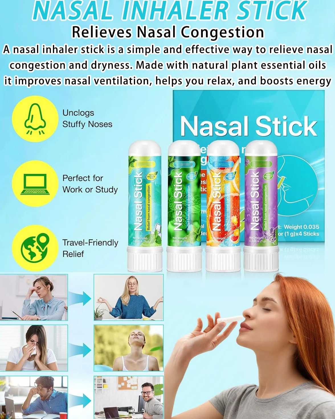 4 Pack Nasal Stick, Inalatore Nasale per Rapido Sollievo dal Naso Chiuso, Migliora la Respirazione e la Concentrazione con Oli Essenziali e Mentolo, Ideale per Studio, Lavoro e Viaggi