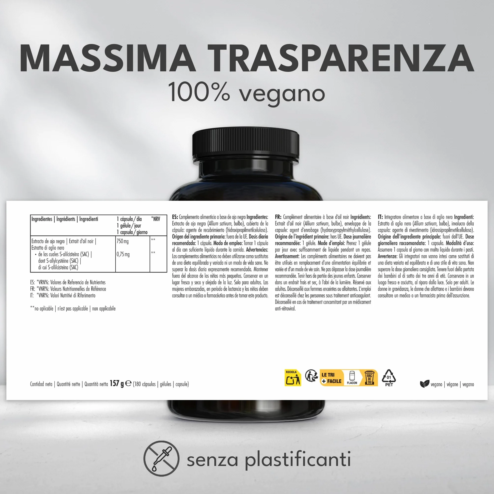 Green Naturals® Aglio Nero – Alto dosaggio 750 mg (estratto 15:1) – Equivalente a 11.250 mg per dose giornaliera – Black Garlic – 180 capsule