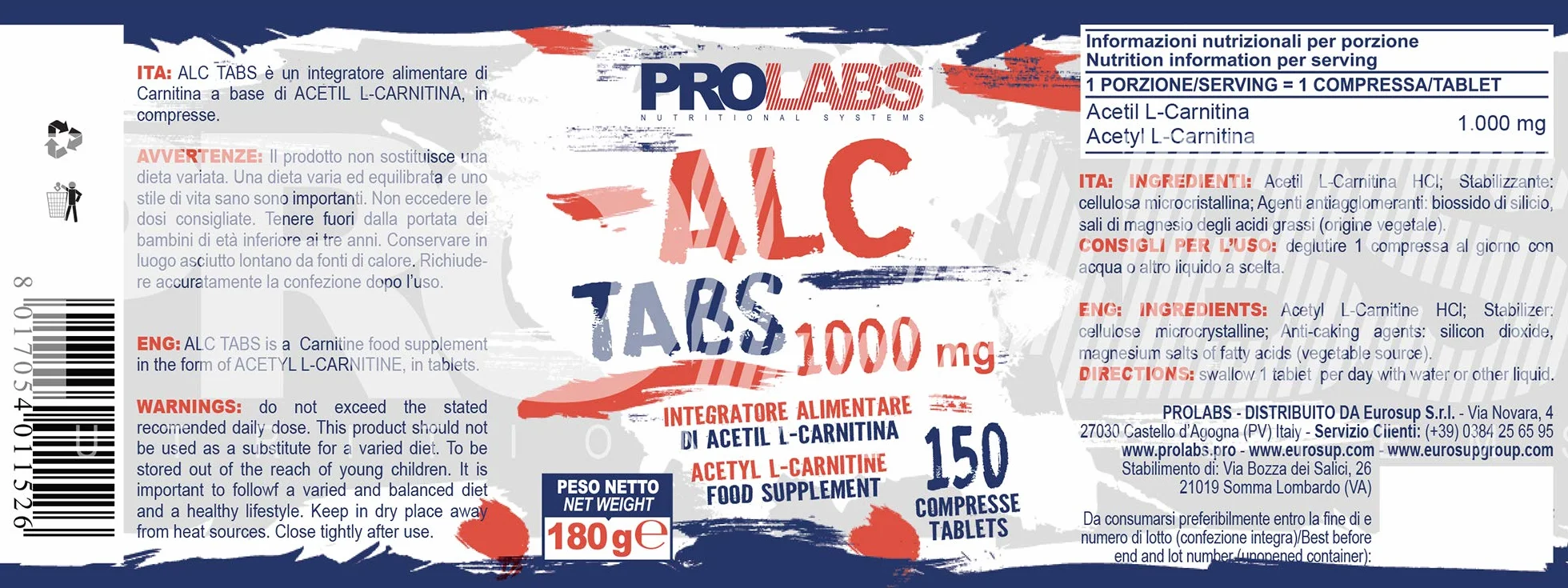 PROLABS Acetil L Carnitina 150 Compresse 1000 mg Integratore Alimentare Acetyl L-Carnitine Supporto Cognitivo Energia