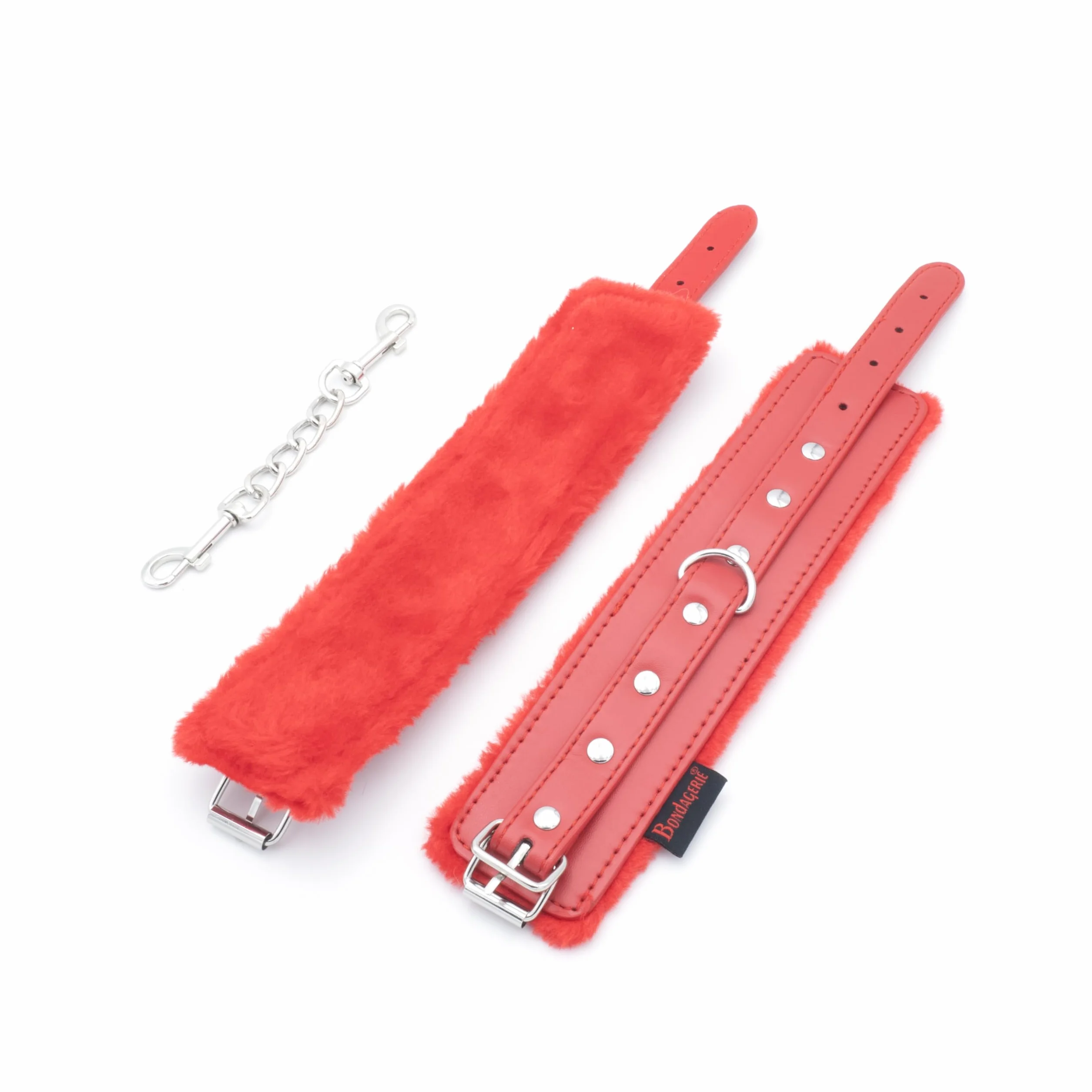 BONDAGERIE® Manette per coppia pelose peluche sexishop rosse 100% materiale sicuro, donna uomo lui lei