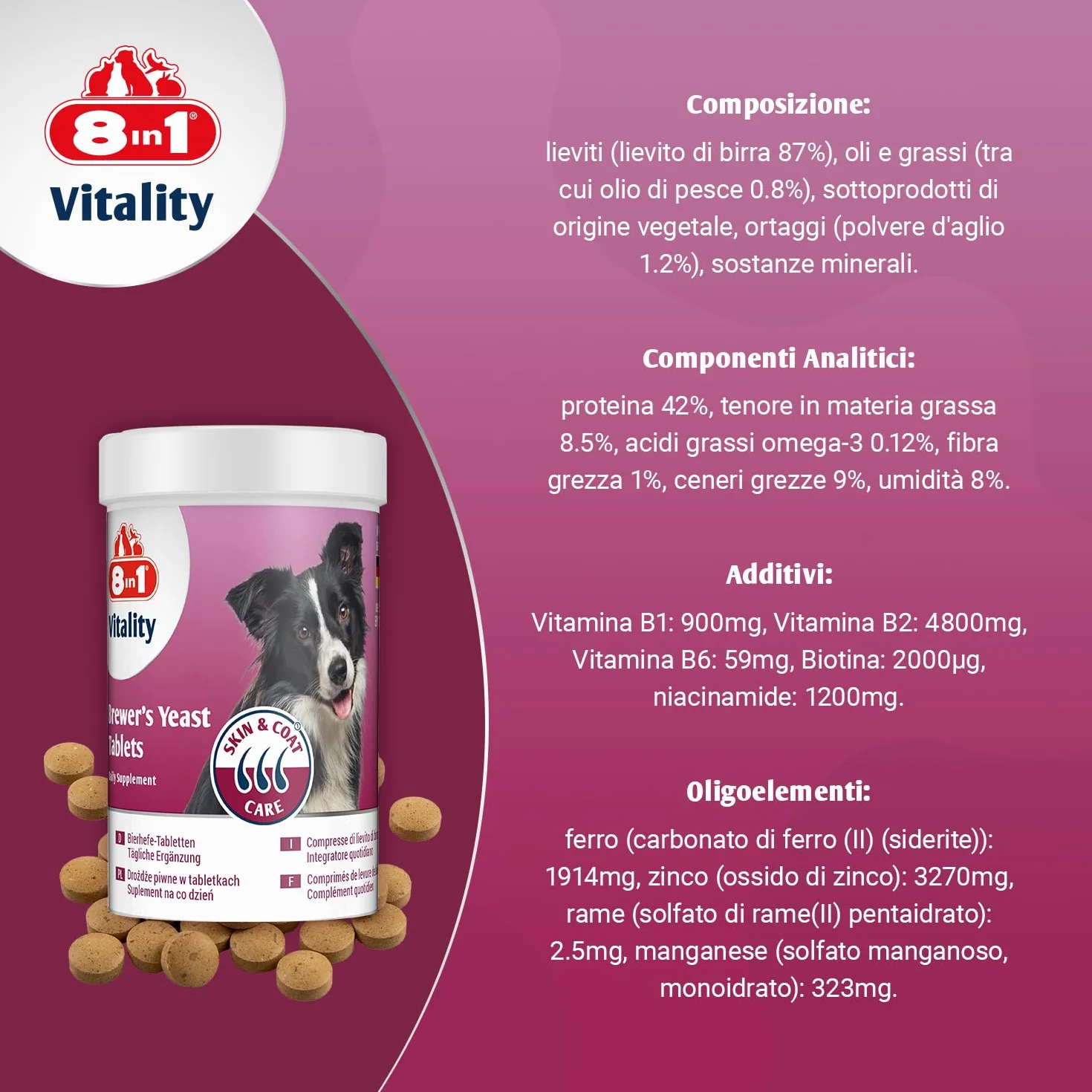 8in1 Compresse di Lievito di Birra per cani - Supporto per pelle e pelo, 1 lattina (260 compresse)