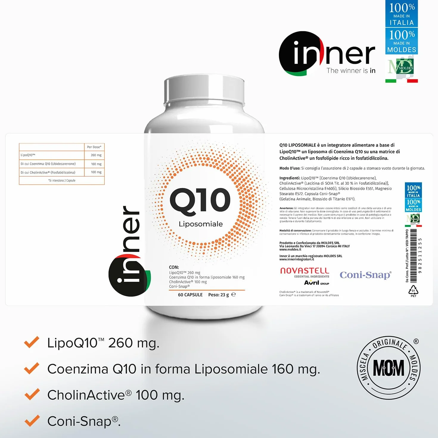 Inner Q10 Liposomiale 60 cps - Integratore Coenzima Q10 ad Alta Biodisponibilità per Azione Antiossidante, Energia Cellulare, Cuore e Performance