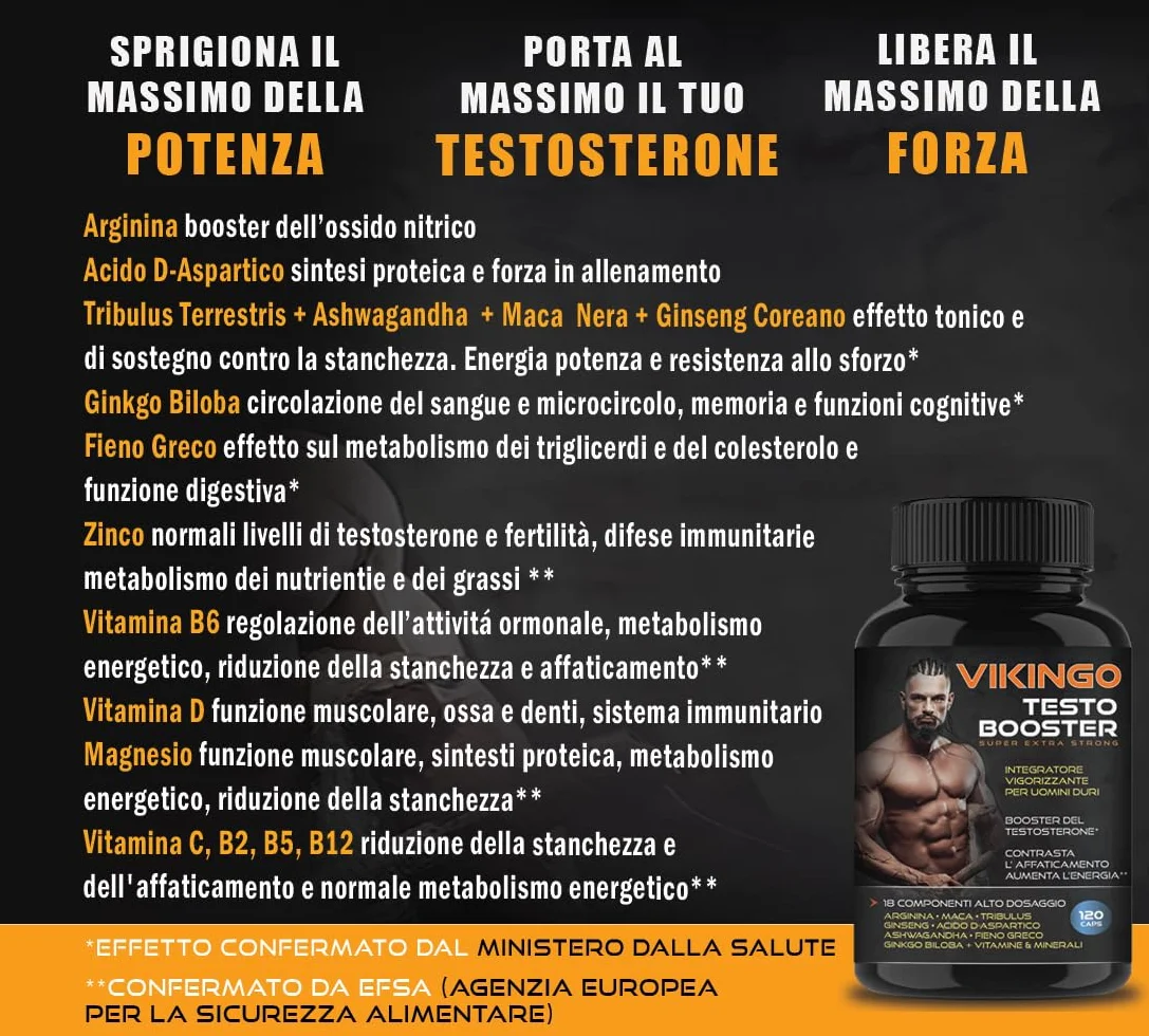 Testosterone Uomo, Massa Muscolare, VIKINGO 120 Testosterone Booster Stimolante Uomo - Integratore Energia con Maca, Tribulus, Ashwagandha, Arginina, Ginkgo Biloba, Fieno Greco, Vitamine e Minerali