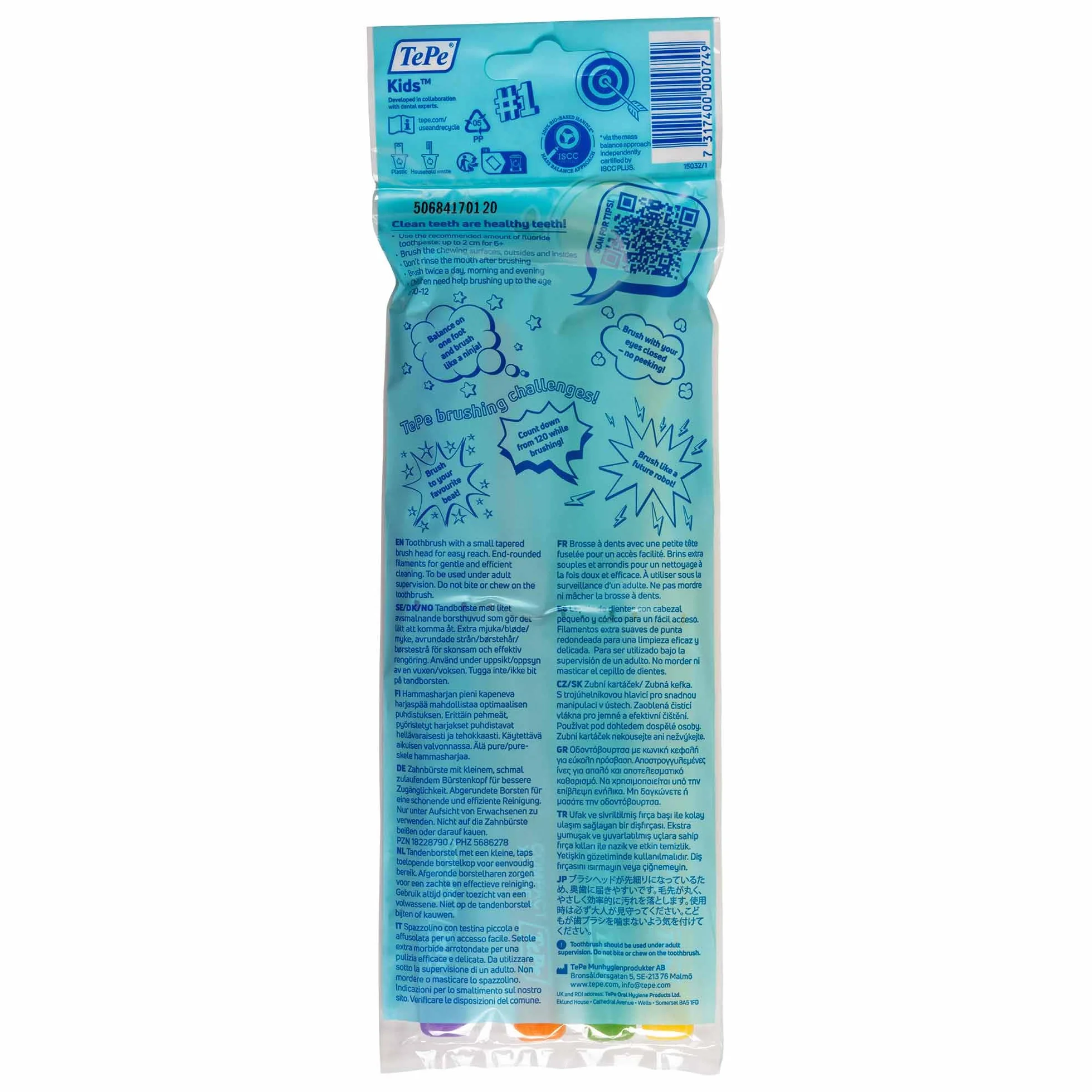 Spazzolino TePe Kids, Extra Soft, Confezione mista, 4pz, spazzolino per bambini, spazzolino con setole extra soft per rimozione delicata ed efficace della placca