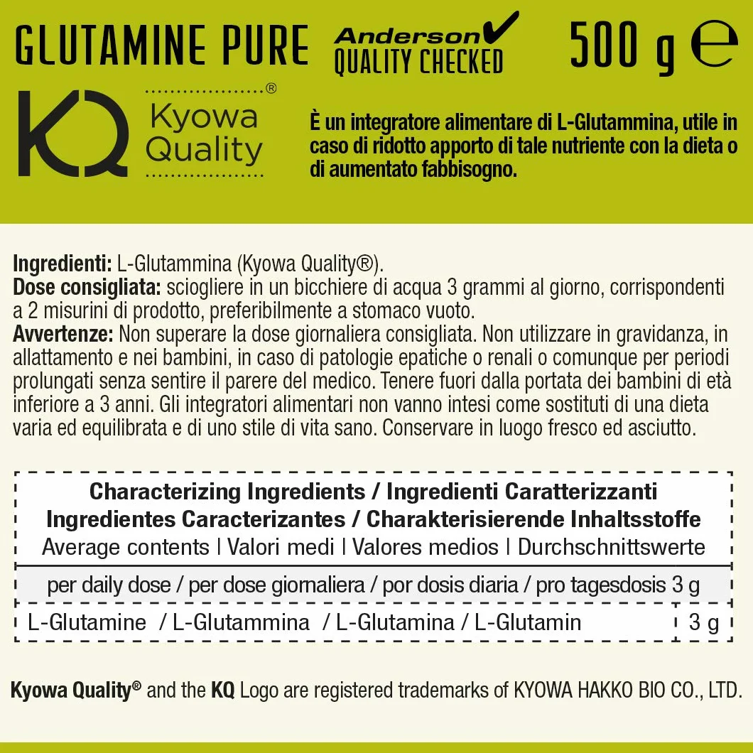 anderson L-Glutammina Pura vegetale in polvere, kyowa quality®, favorisce l'idratazione muscolare, absolute series GLUTAMINE PURE – made in italy