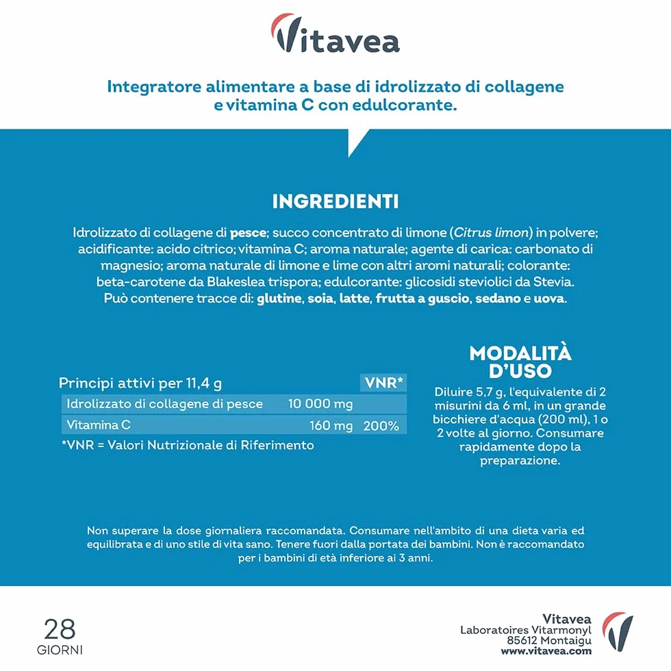 Collagene Marino in Polvere con Vitamina C 10000 mg Peptidi di Collagene di Pesce - Collagene Idrolizzato - Aroma Limone e Lime Vitavea