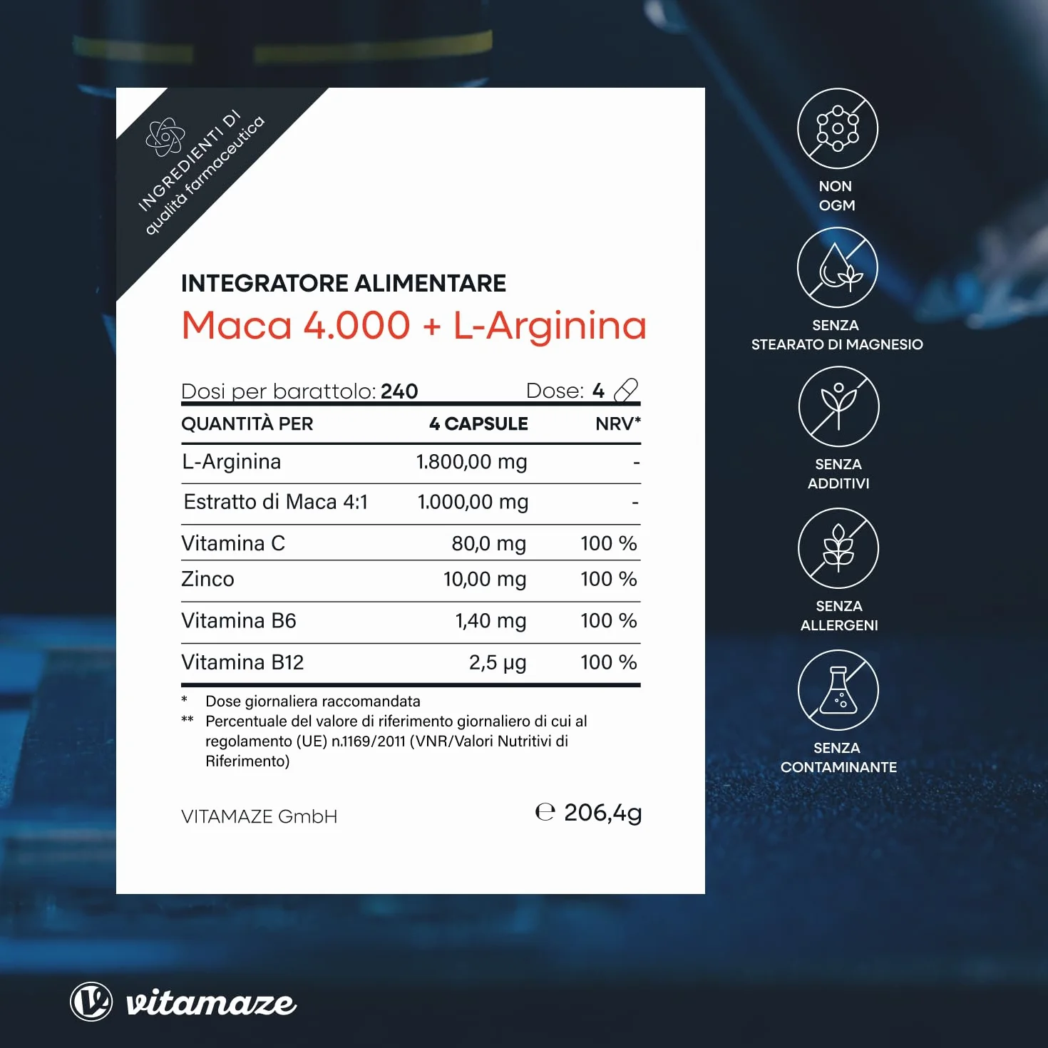 Vitamaze Maca Peruviana (con Maca Nera) Alto Dosaggio con L-Arginina, Zinco, Vitamina C, Vitamine B6 e B12, 240 Capsule, Prodotto in Germania, Integratore Alimentare Vegetale senza Additivi