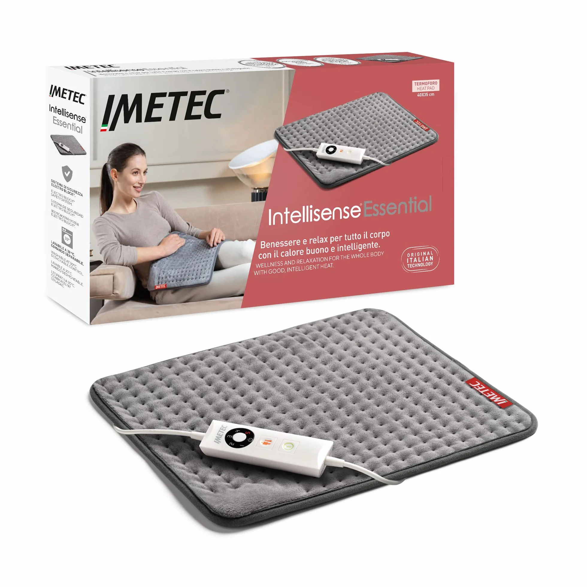Imetec Intellisense Essential, Termoforo Multiuso, Cuscino Termico, 40x35 cm, Tessuto Anallergico, 5 temperature, Electro Block di sicurezza, Lavabile in lavatrice