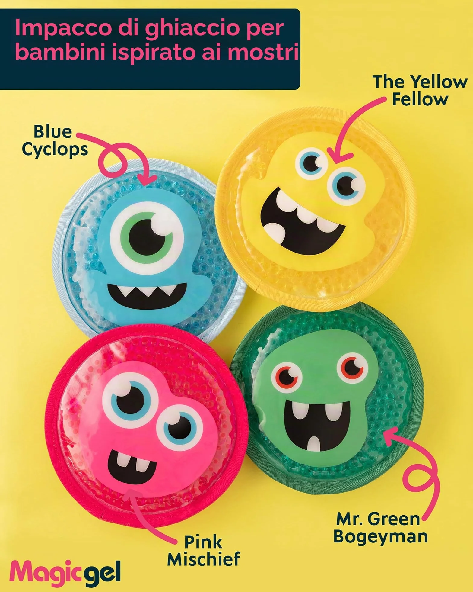 Magic Gel Ghiaccio Gel Riutilizzabile Bambini Set di 4 Impacco Caldo Freddo Freezer Microonde Ginocchio Mal di Denti Febbre Design Piccoli Mostri