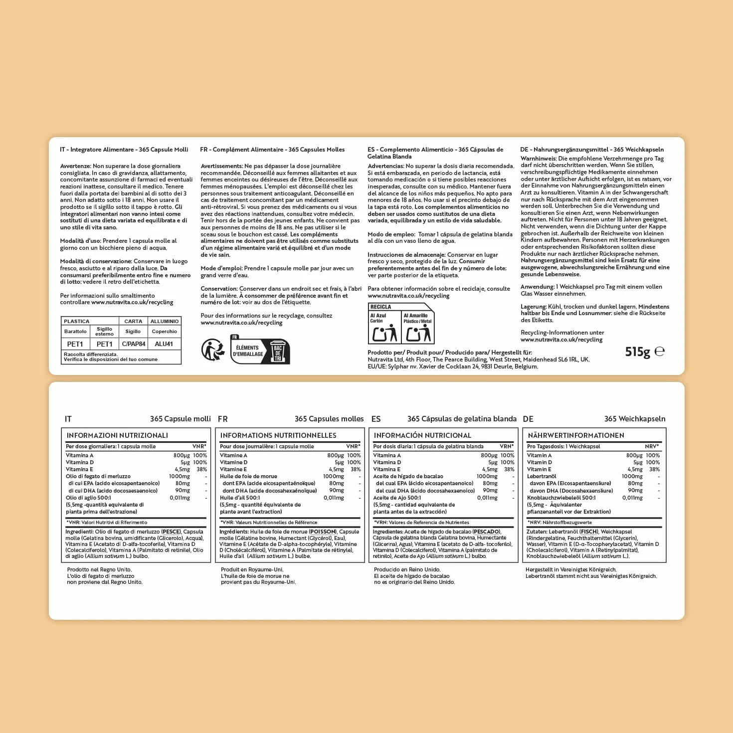 Nutravita Olio di Fegato di Merluzzo 1000 mg 365 Capsule Omega 3 Alta Resistenza con Vitamine A D E Aglio