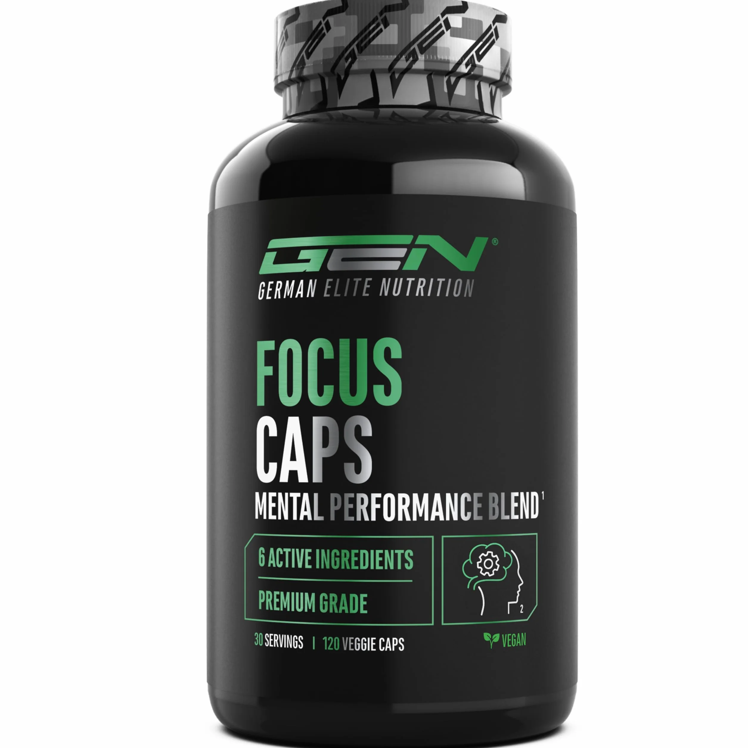 Focus Caps - 120 capsule - Miscela per le prestazioni mentali con L-Teanina, Tè verde, Guaranà, estratto di Citrus Aurantium, Caffeina, D-Glucuronolattone - ad alto dosaggio, vegan