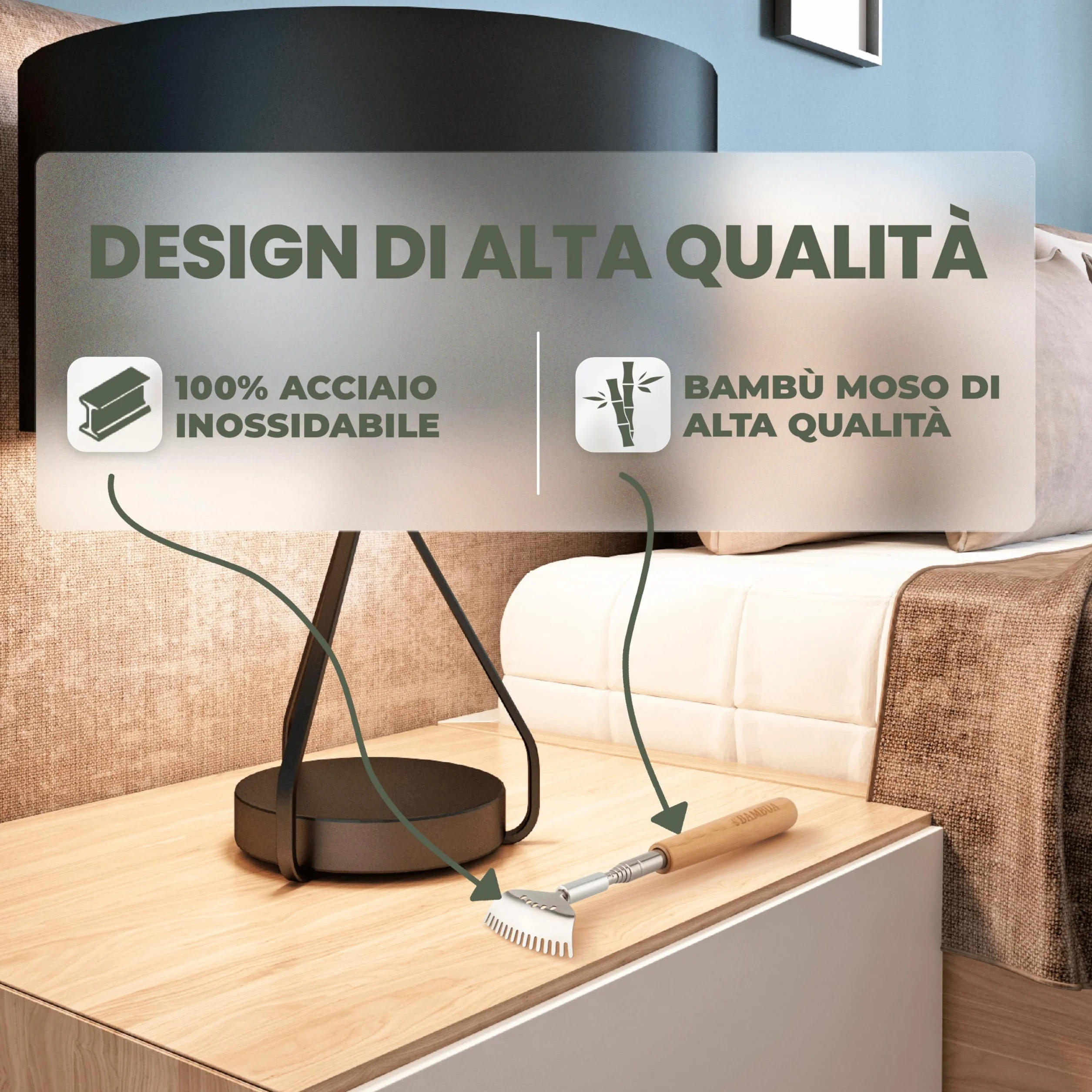BAMBUA Manina Grattaschiena Allungabile - (Include 5 Accessori) Manico in Bambù - Per Sensazioni di Grattamento Soddisfacenti - Gratta Schiena Mano Allungabile - Grattino Schiena - Idea Regalo