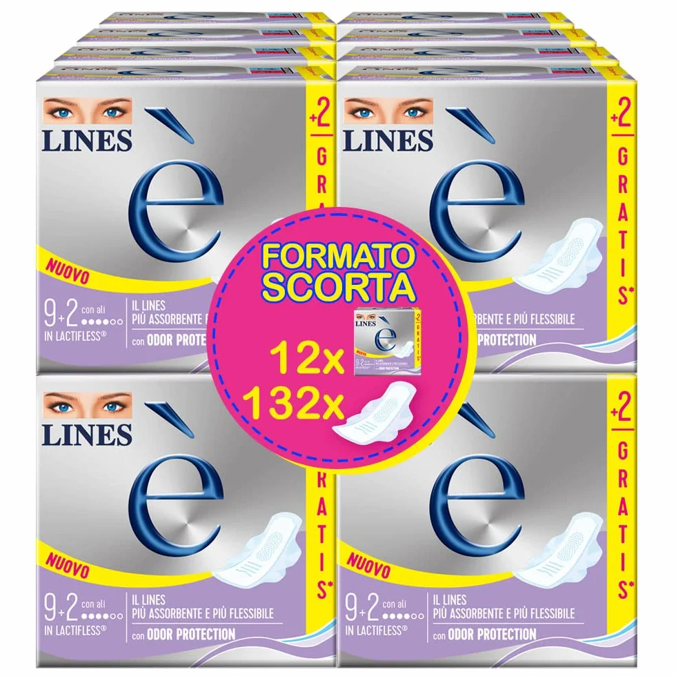 LINES È GIORNO con ali, Pacco scorta da 132 assorbenti per ciclo mestruale, l'unico con struttura in Lactifless, il più assorbente e flessibile della gamma Lines, con Odor Protection