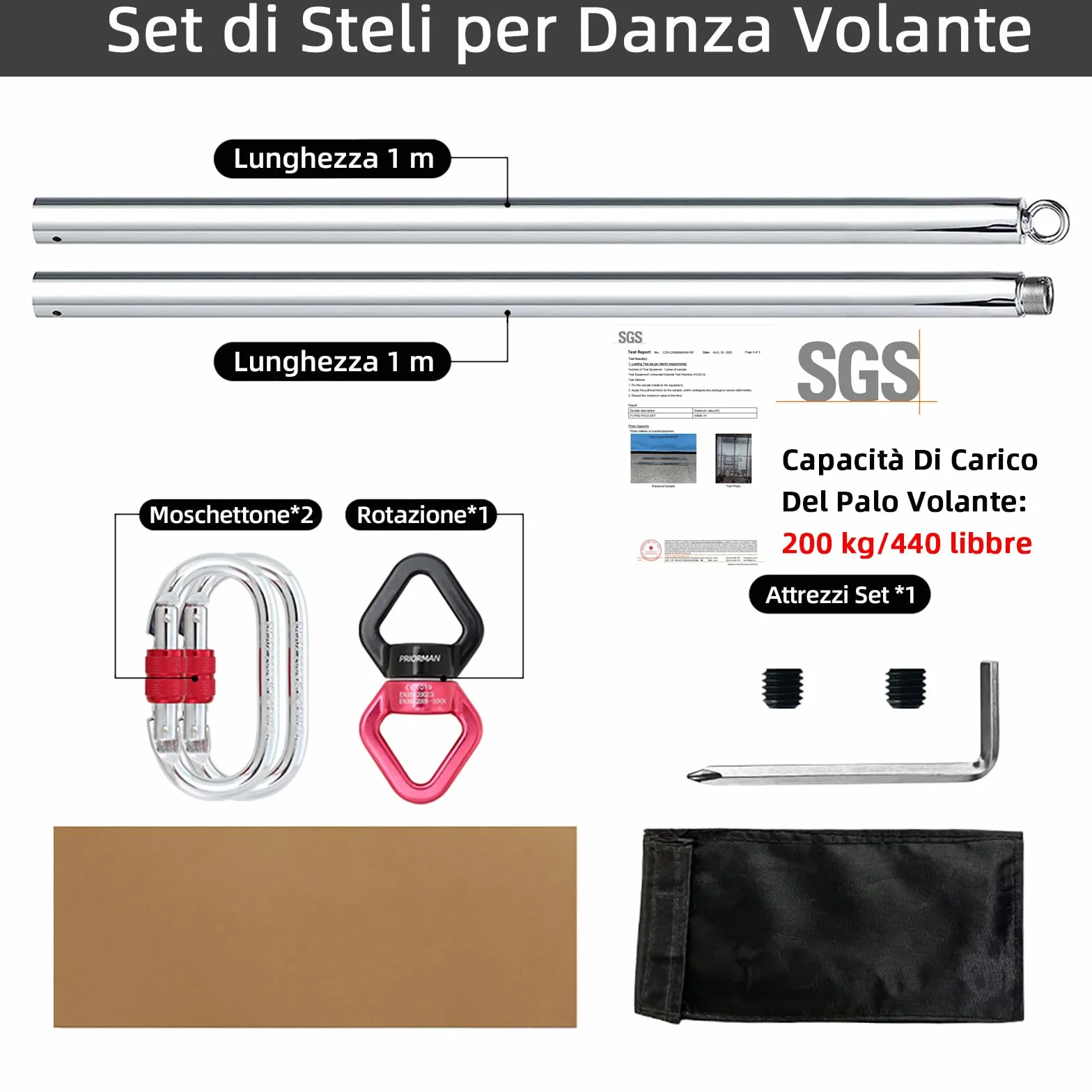 PRIOR FITNESS Palo Pole Dance da Casa 45 mm Staccabile Set Bastoni Ginnastica Volanti Portata 150 kg