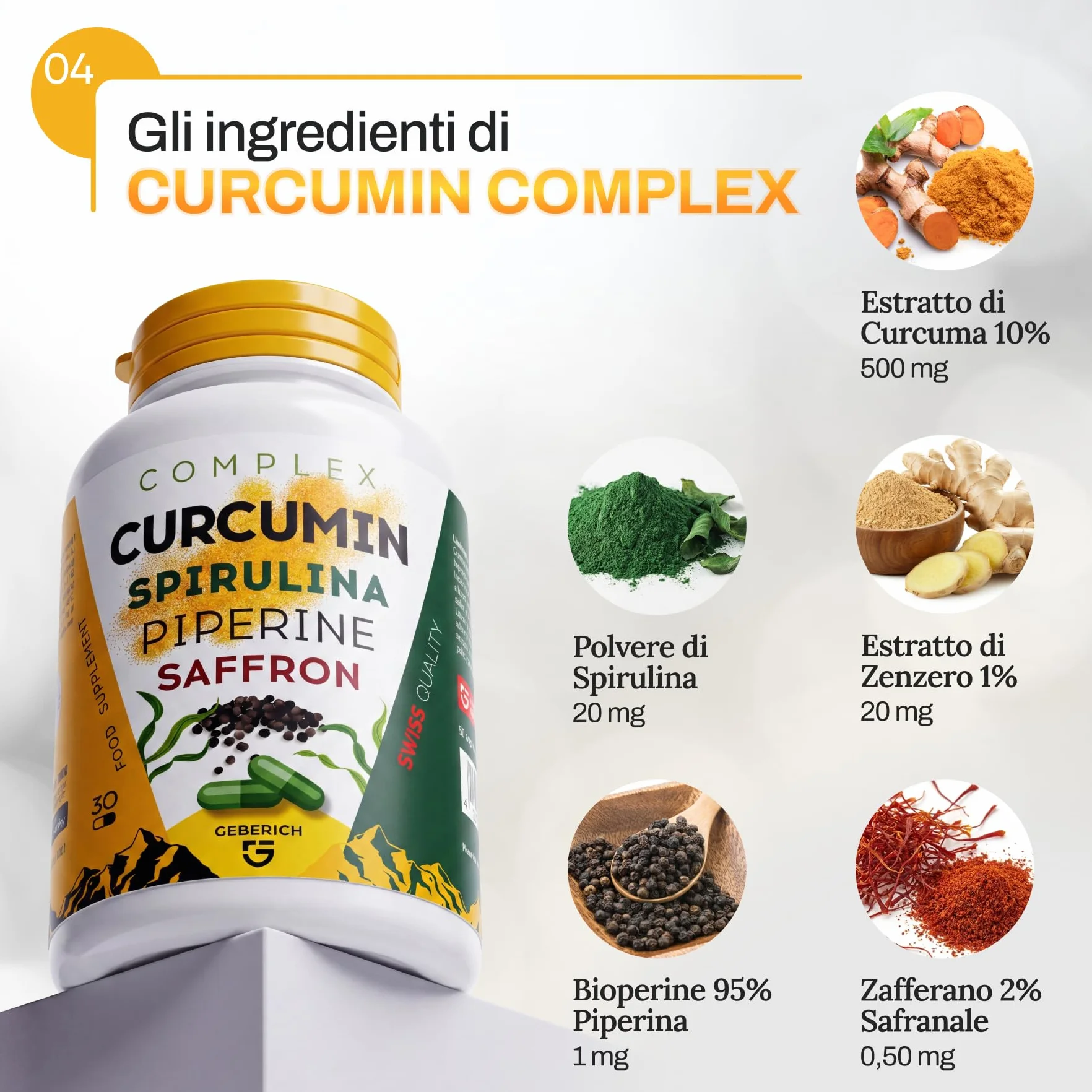 Capsule Complex Curcumin 500 mg Curcuma 10% Spirulina 20 mg Zenzero 20 mg Piperina 1 mg 30 Capsule Integratore Alimentare