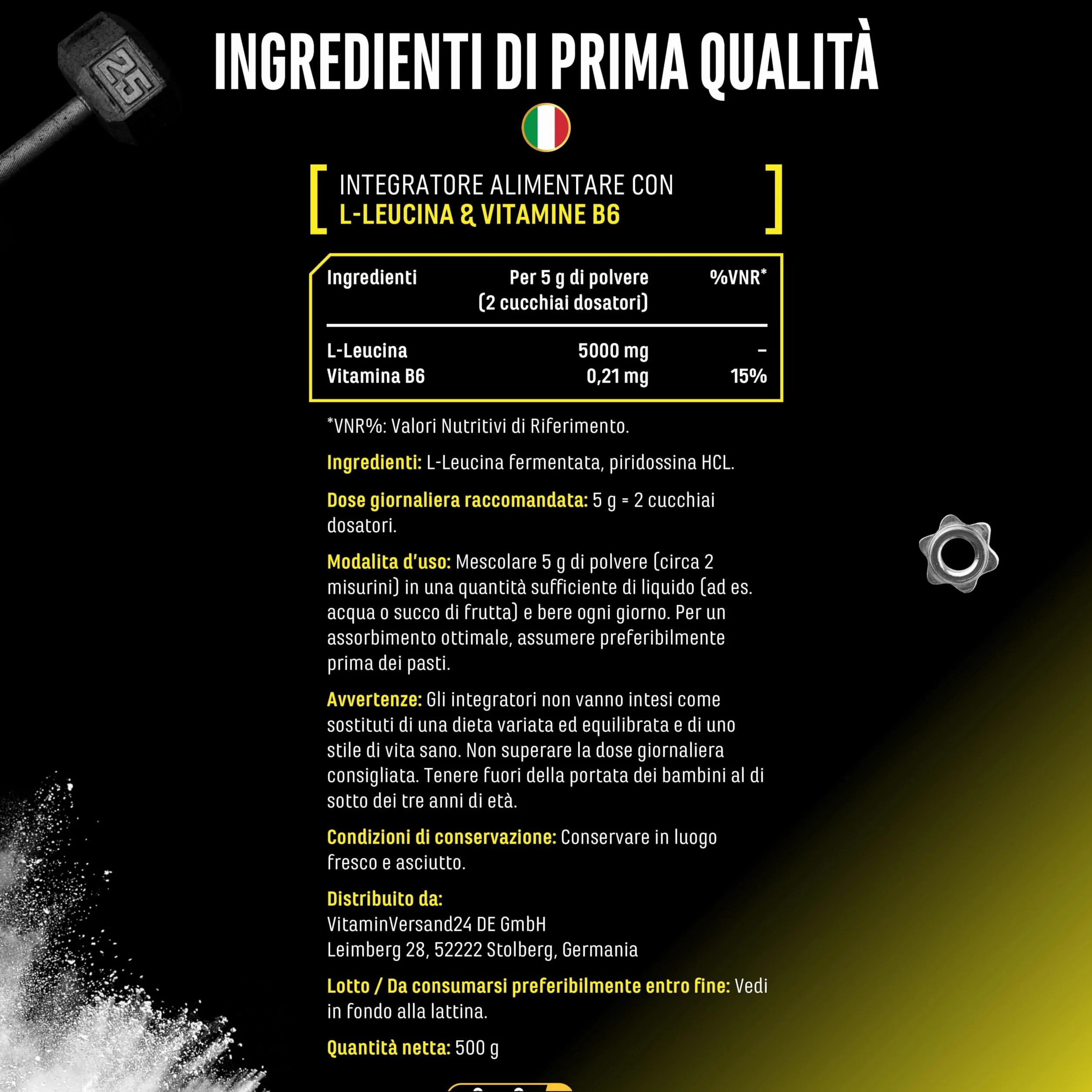 Leucina - 500 g di polvere - Elevata purezza - Materia prima premium: L-leucina naturale fermentata - Aminoacido - Senza additivi indesiderati, vegan