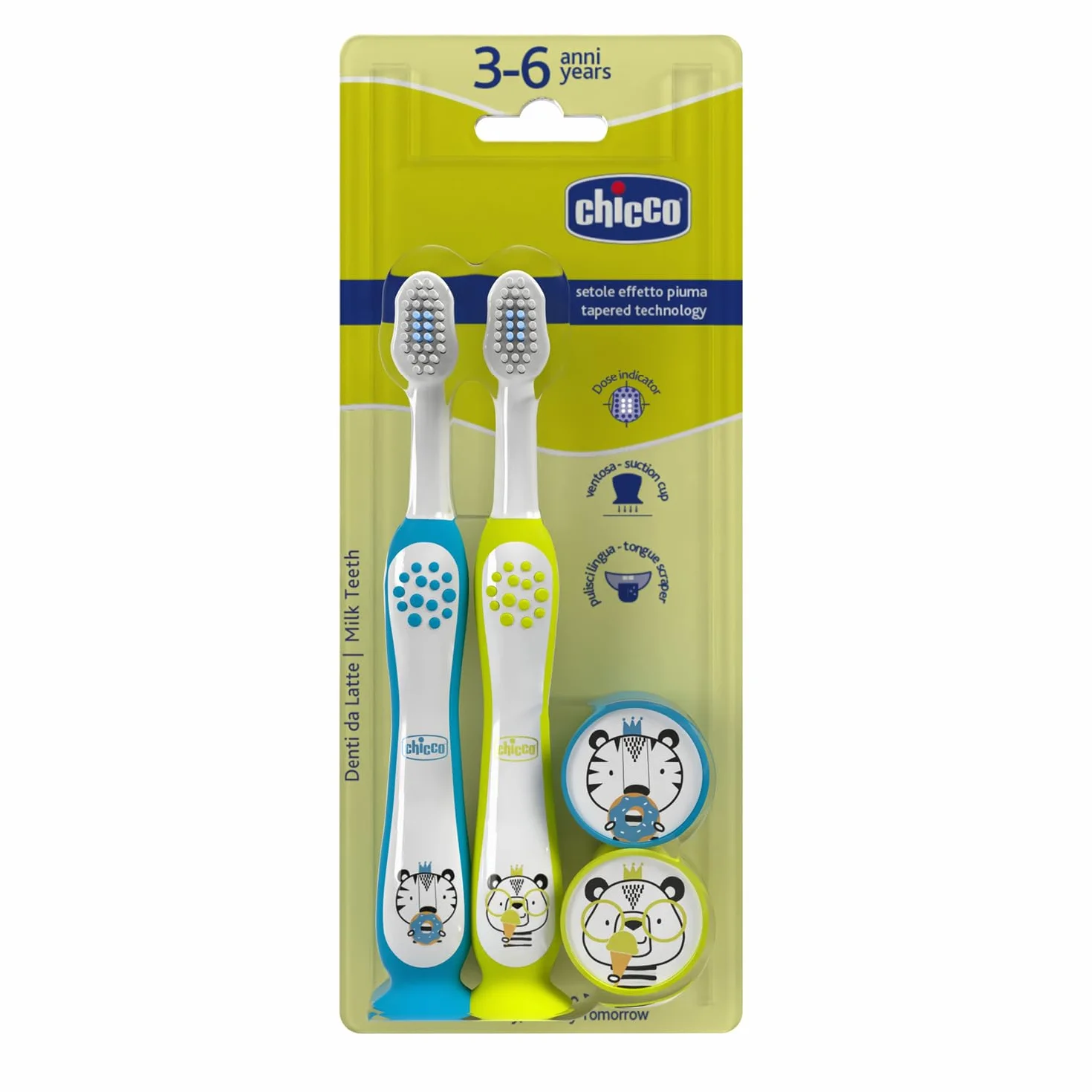 Chicco Set 2 Spazzolini da Denti per Bambini con Ventosa, Testina Arrotondata, Setole Morbide Delicate su Gengive e Dentini, Ampio Manico Antiscivolo, Coprisetole Incluso, 3-6 Anni, 2 Pezzi, Bimbo