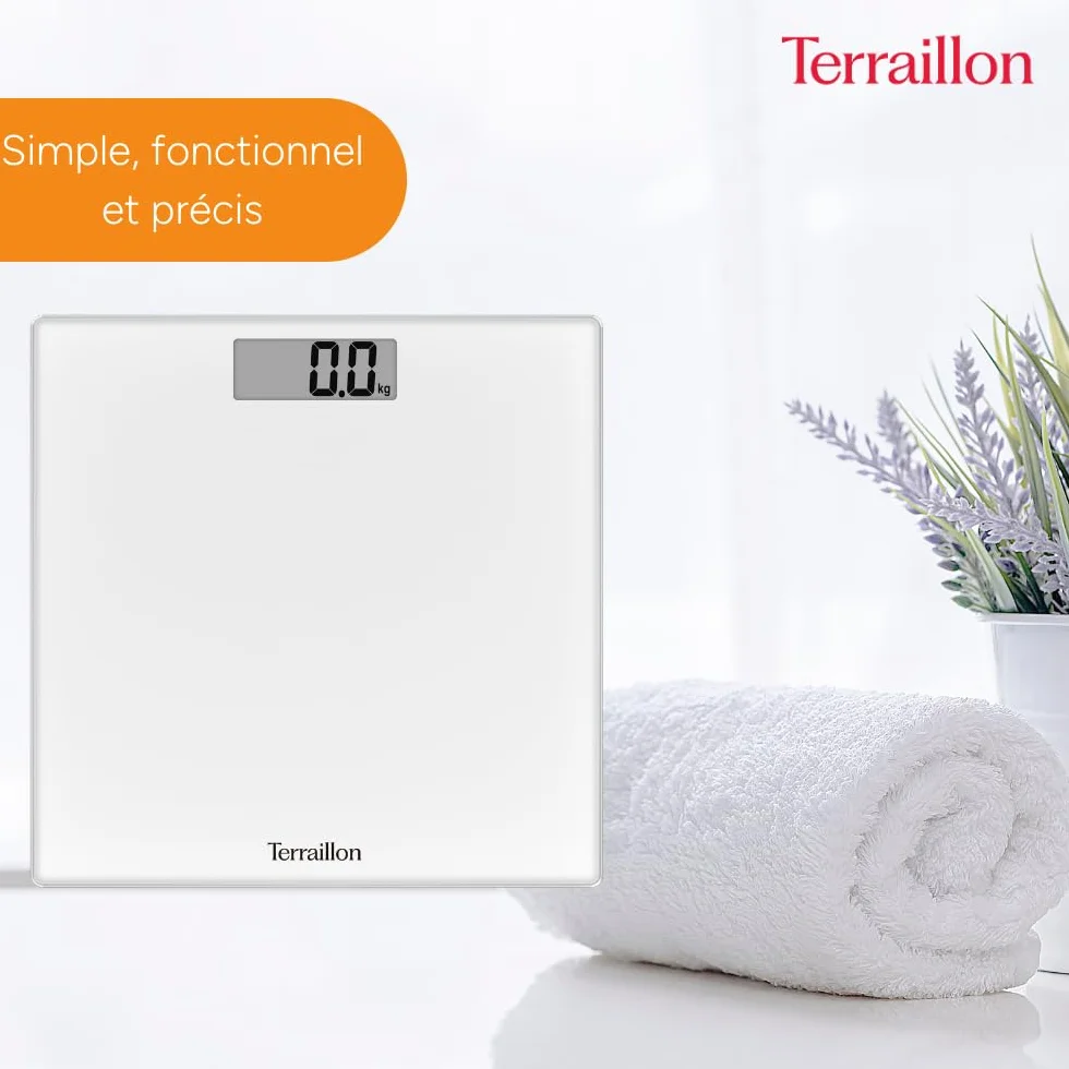 TERRAILLON - Bilancia Pesapersone Digitale TSQUARE BIANCO- Compatto e ultra piatto 26 cm x 26 cm - Vassoio vetro-ampio schermo LCD-capacità 180 kg - Graduazione 100 g - Bianco