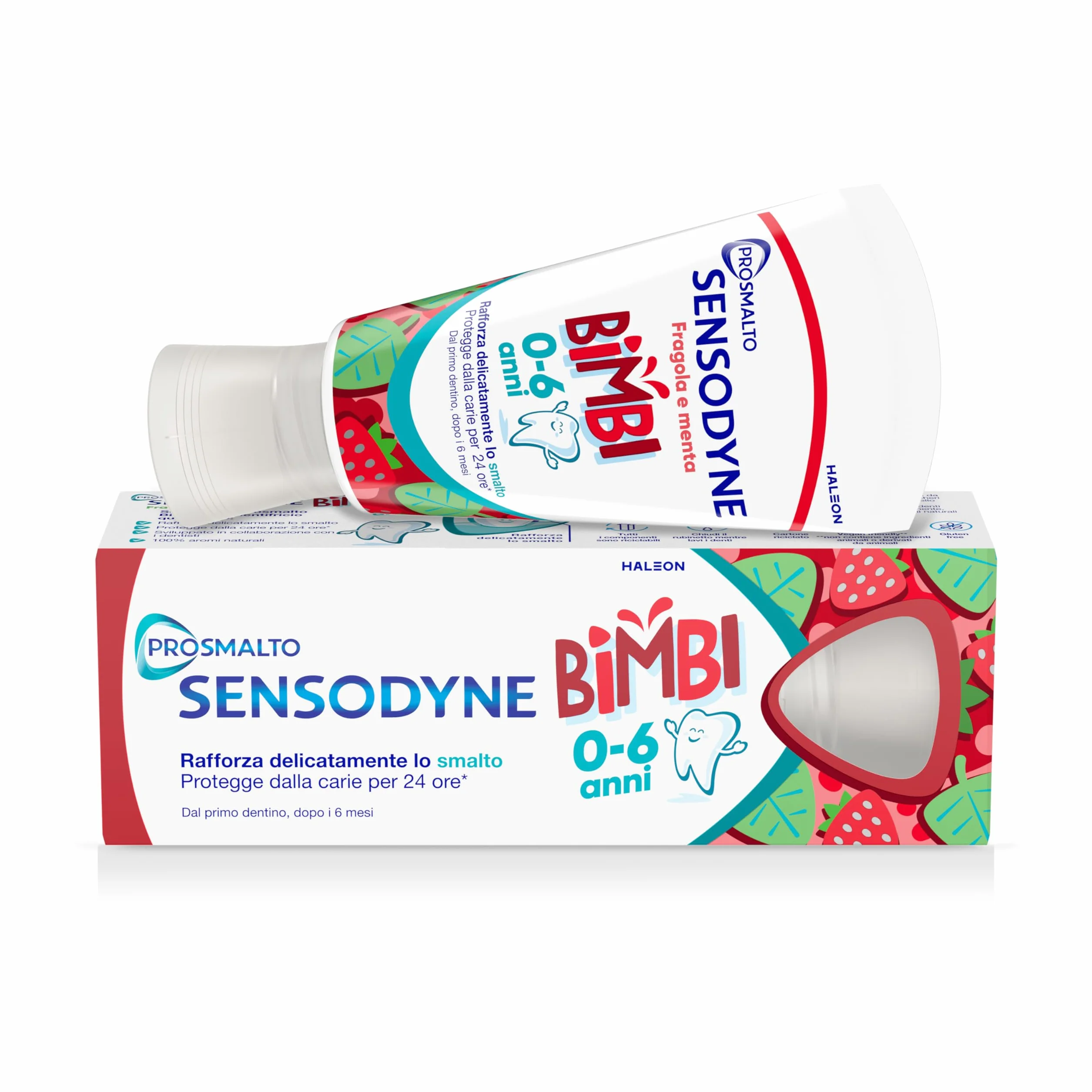 Sensodyne Prosmalto Bimbi, Dentifricio quotidiano per Bambini 0-6 anni, rafforza delicatamente lo smalto e protegge dalla carie per 24 ore, Aroma Naturale Fragola e Menta, 50 ml