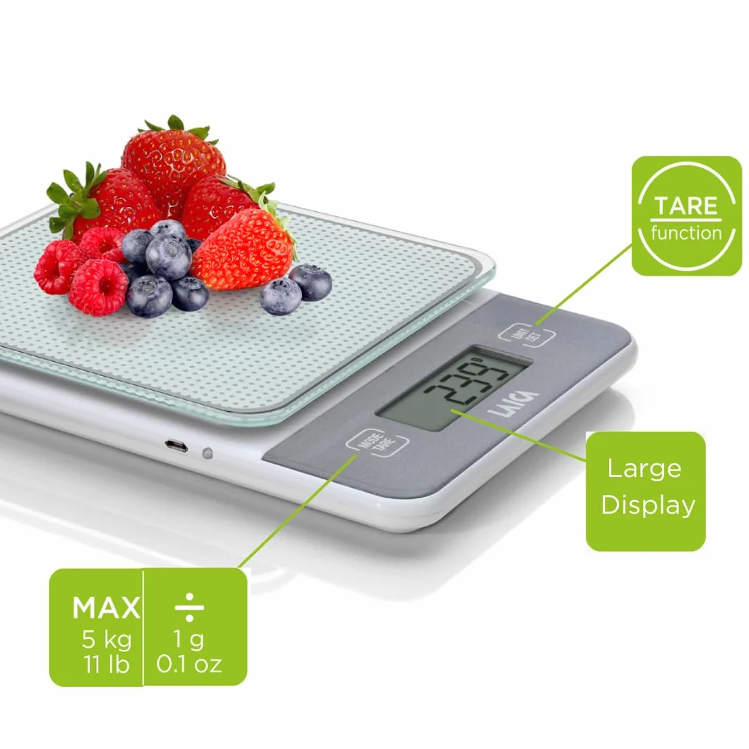 Bilancia elettronica da cucina LAICA, bilancina digitale, per cucinare, in grammi o once, display LCD ad alta precisione in vetro temprato, funzione Tara, ricaricabile - Portata di 5 kg