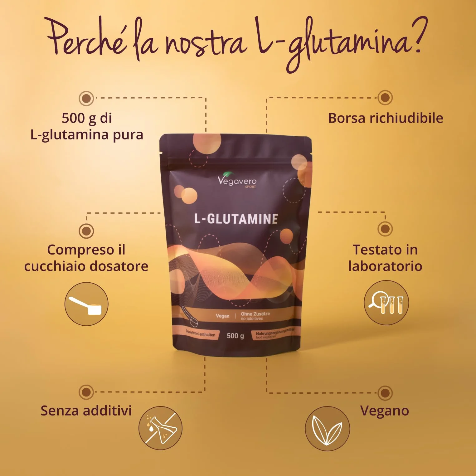 Glutammina in Polvere | 100% Pura e Naturale | Gusto Neutro | 5.000 mg - Alto Dosaggio | Vegan e Senza Additivi | Integratore Sport per Recupero Muscolare | con Misurino | Vegavero®