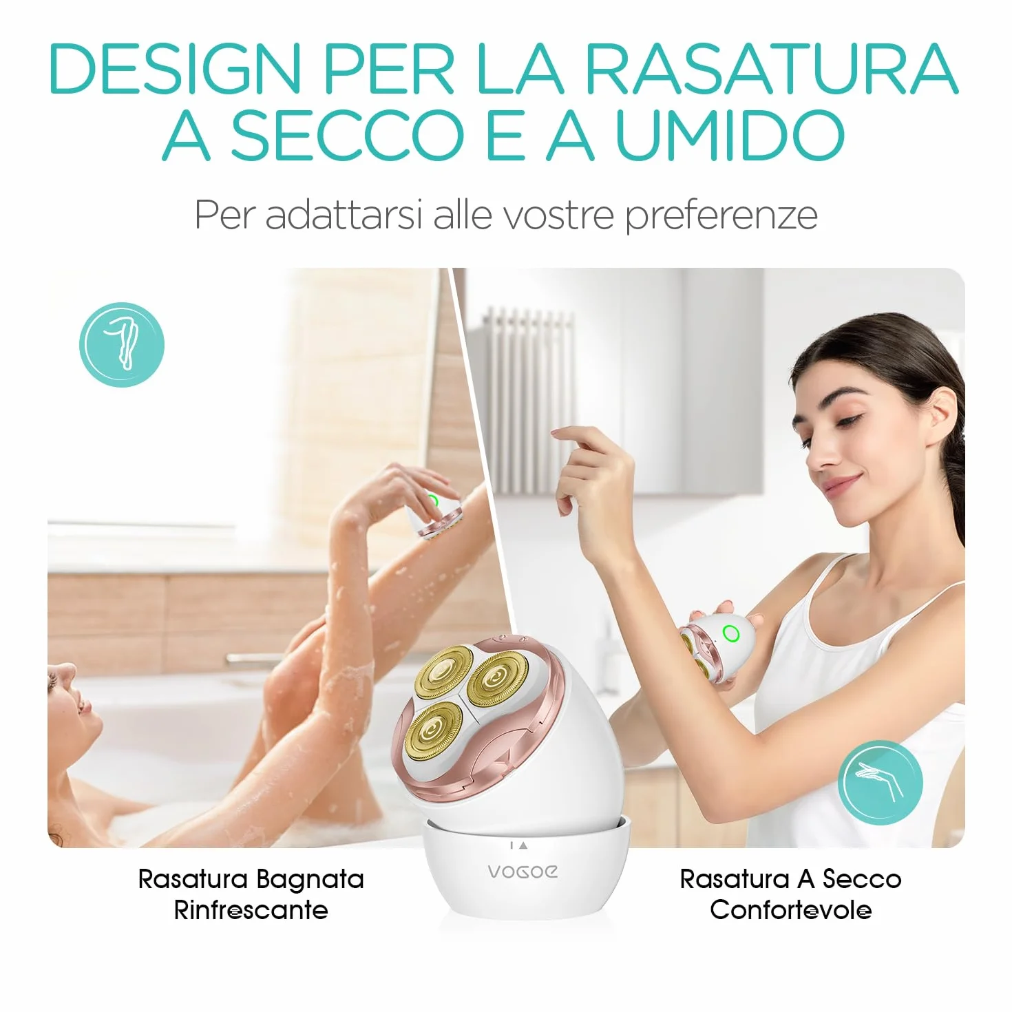 Rasoio Elettrico Donna ES300 Testina 3D Lama Autoaffilante Ricaricabile Viso Corpo Gambe Ascelle Bikini Secco Doccia Oro
