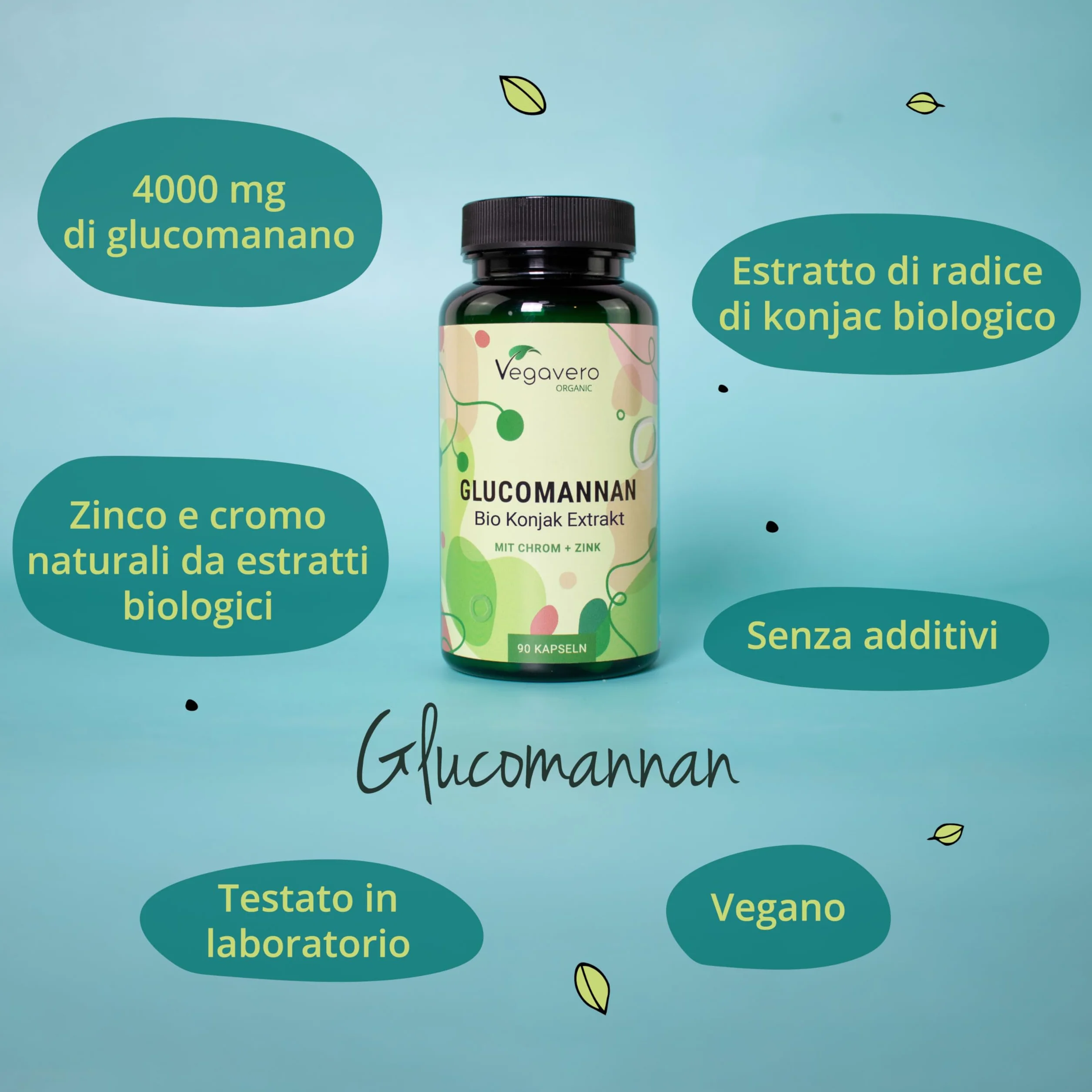 Glucomannano Forte | 4000 mg | con Cromo e Zinco | Alto Dosaggio | Senza Additivi | No OGM | Vegan | Vegavero®