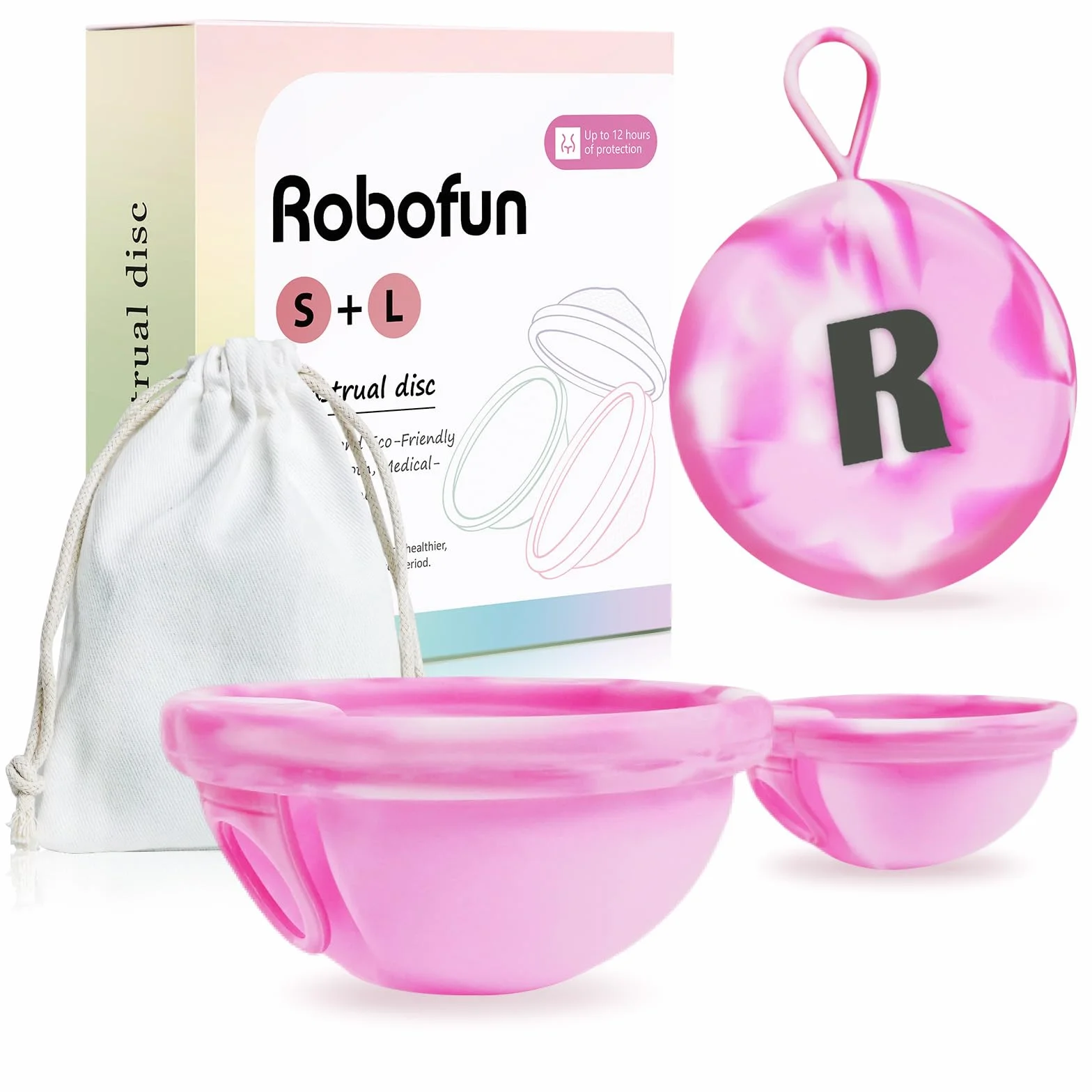 Robofun Disco mestruale, 2 pezzi (S+L) - Coppa mestruale riutilizzabile in silicone medico 100% per tutte le correnti, senza pericolo per lo sport e il nuoto -Bianco&Viola
