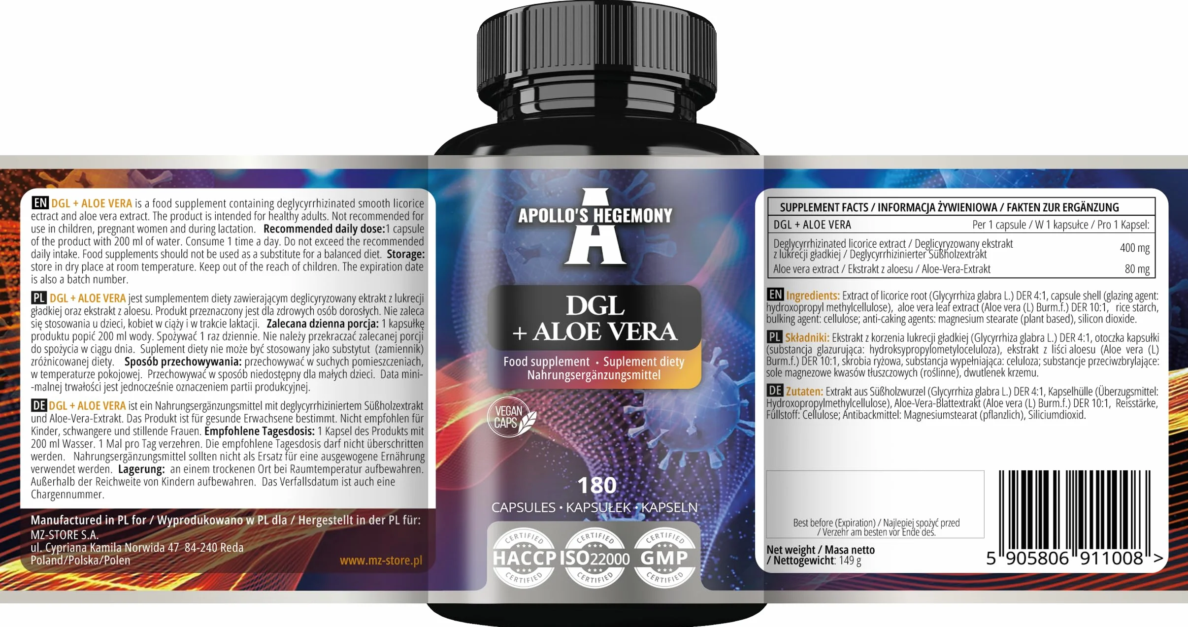 Apollo's Hegemony Aloe Vera 500 mg 180 capsule vegane integratore digestione resistenza