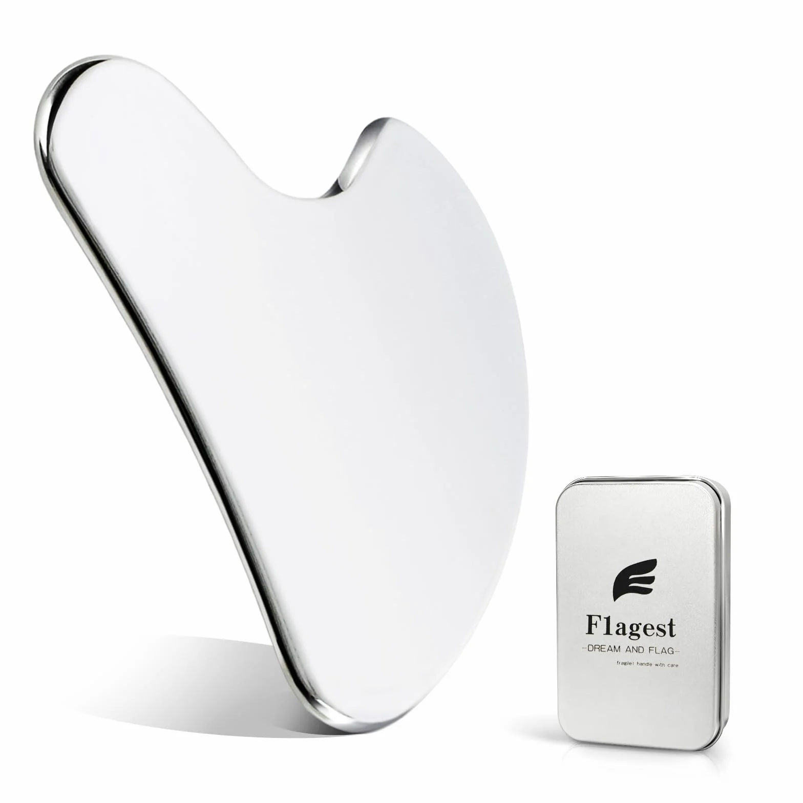 Flagest Gua Sha in Acciaio Inossidabile - Strumento per Massaggio Viso e Corpo, Antirughe e Riduce il Gonfiore (Argento)