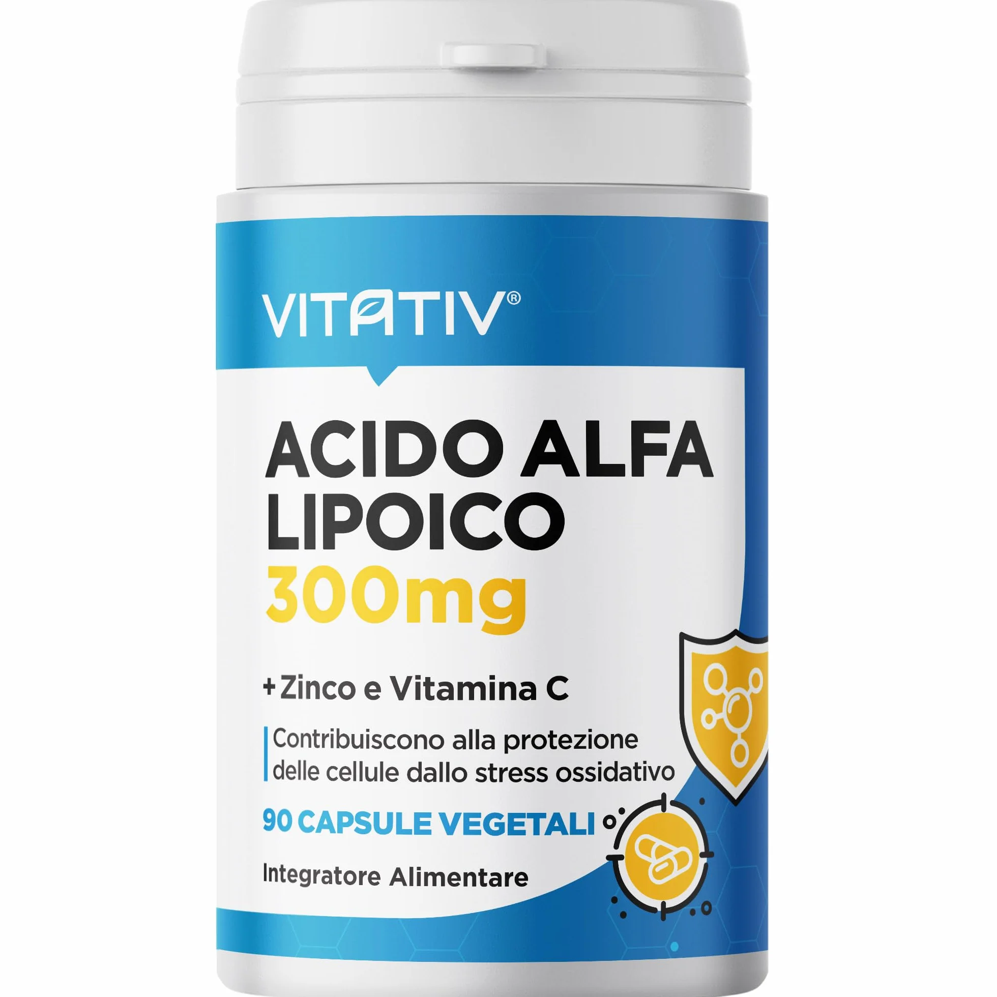 VITATIV Acido Alfa Lipoico ALA 300mg + Vitamina C e Zinco 90 Capsule Vegetali Antiossidante Made in Italy