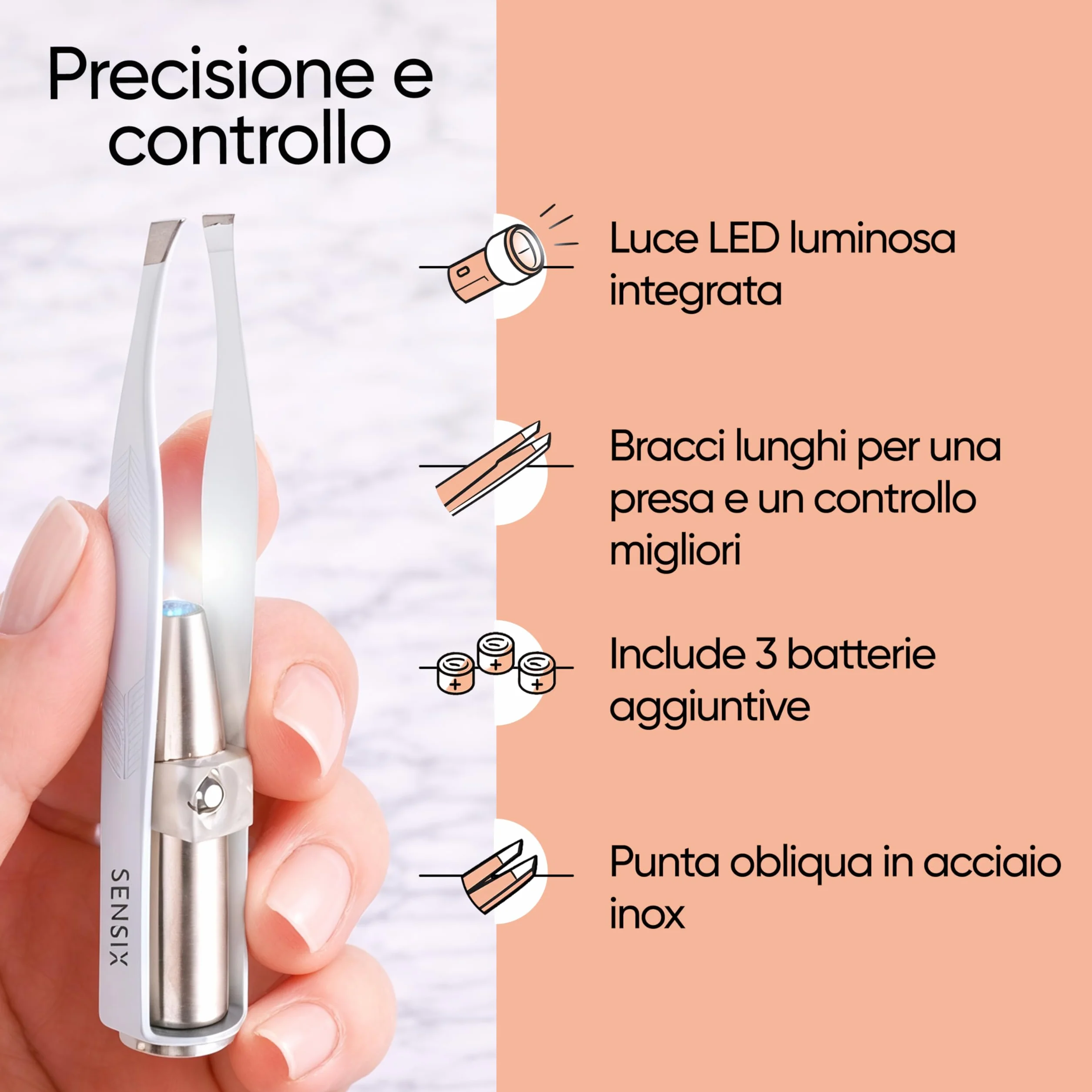 Sensica Pinzette Sopracciglia con Luce LED Professionali – Pinzette di Alta Precisione a Punta Obliqua in Acciaio Inox, Pinzette Luminose per Peli Incarniti e Viso, Idea Regalo Donna