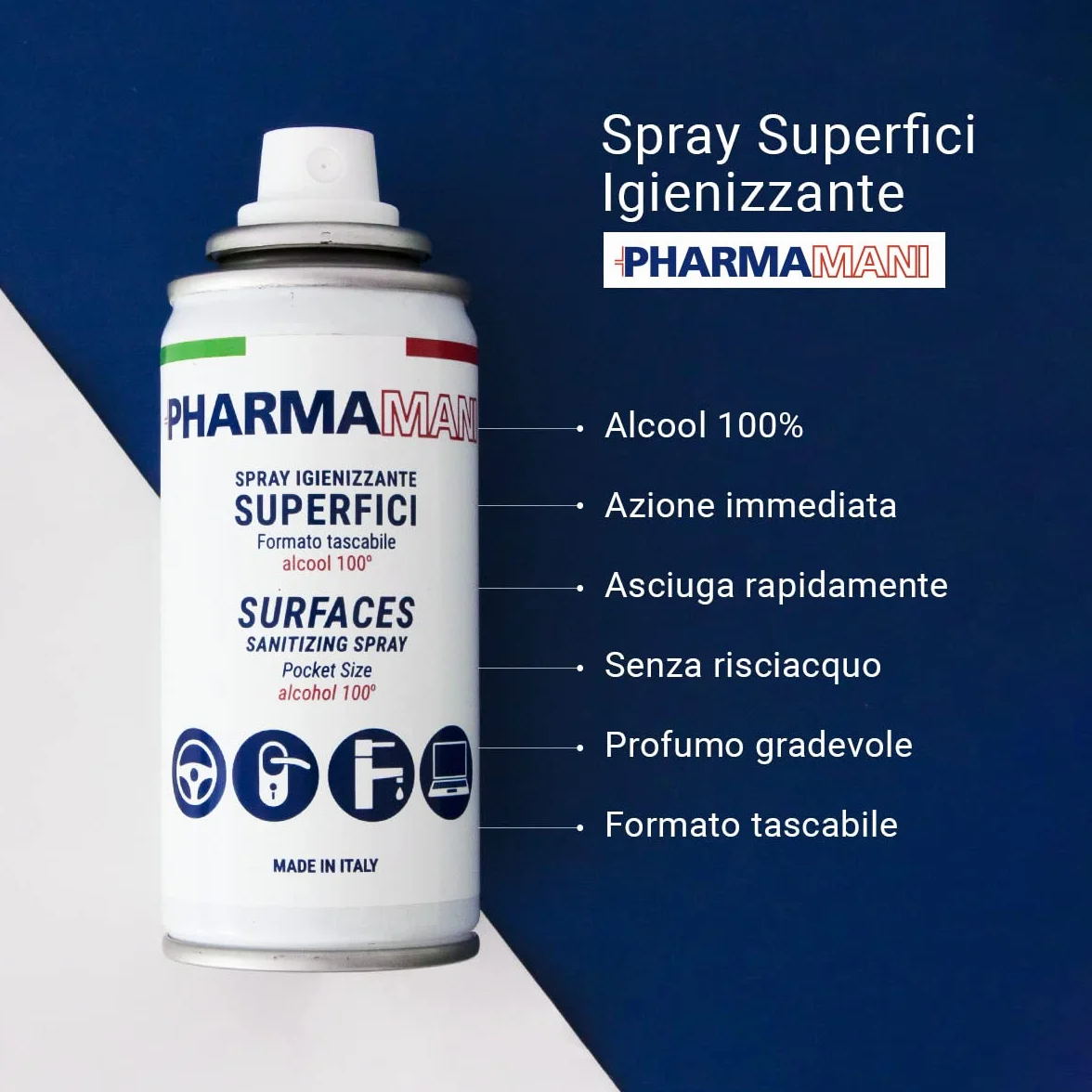 Pharmamani Spray Igienizzante Superfici Tascabile 100 ml Alcool Efficacia Immediata