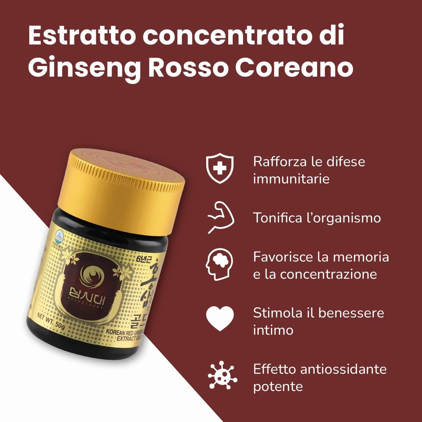 SAMSIDAE Ginseng Rosso Coreano Estratto Gold 50g Massima Concentrazione Ginsenósidi 13 mg/g Radici 6 Anni