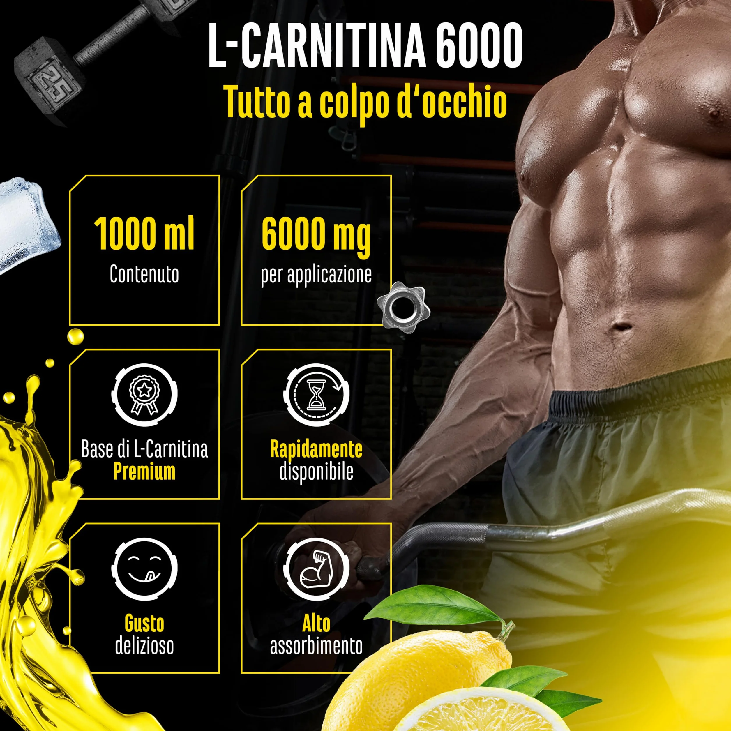 L-Carnitina 6000 Liquido 1000 ml, Integratore con 6000 mg di L-carnitina pura per dose giornaliera, Bevanda aminoacida per l'allenamento, Gusto Lemon Boost, Vegano
