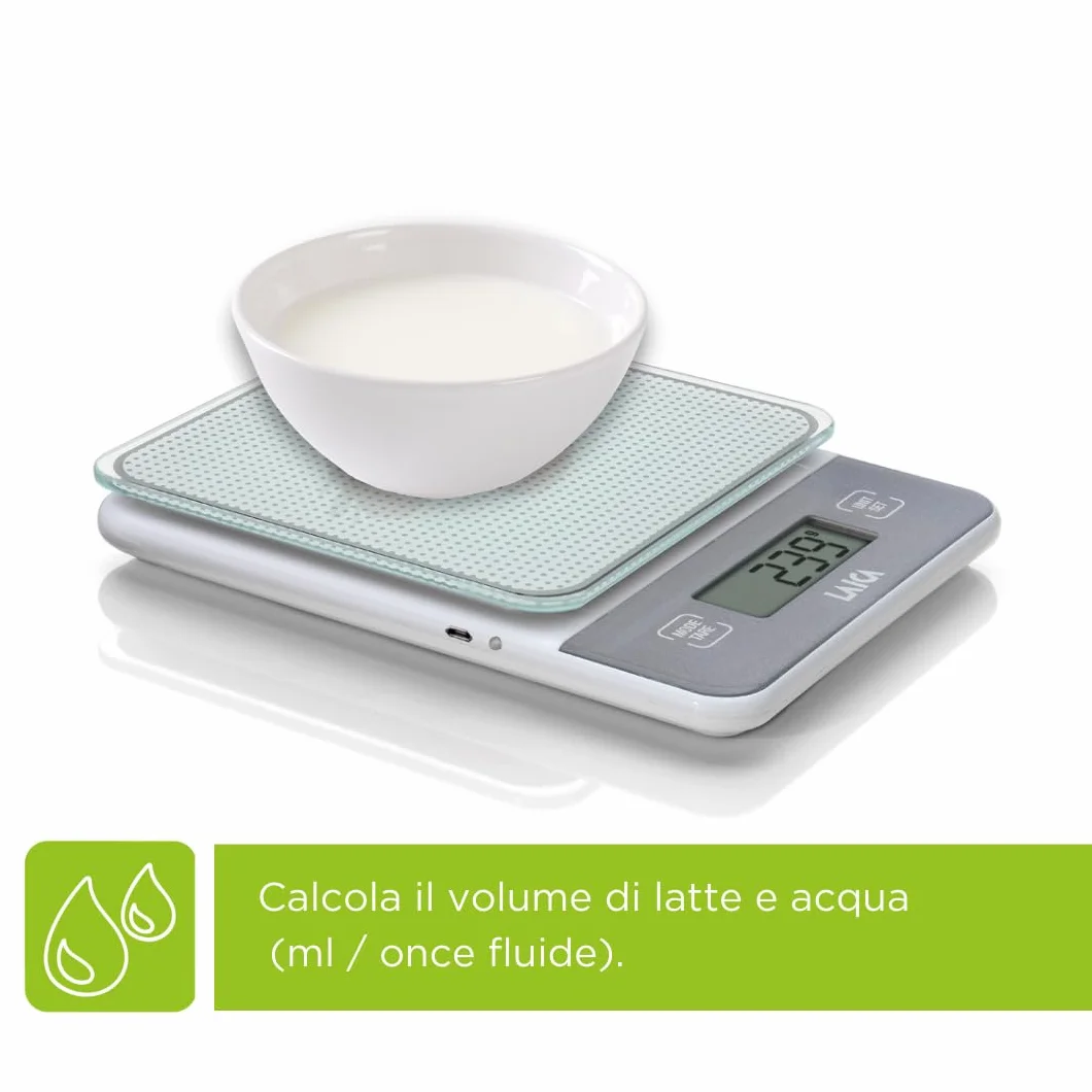 Bilancia elettronica da cucina LAICA, bilancina digitale, per cucinare, in grammi o once, display LCD ad alta precisione in vetro temprato, funzione Tara, ricaricabile - Portata di 5 kg