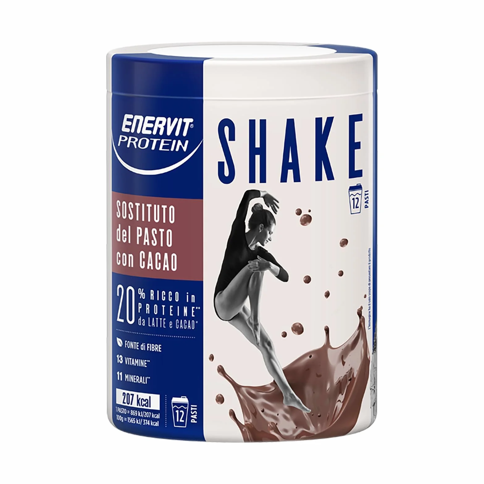 Enervit, Meal Shake Cacao Protein, Sostituto del Pasto, 1pasto=207 kcal, Bevanda Proteica, Gusto Cacao Intenso, 20% di Proteine, Per il Controllo del Peso, 1 Barattolo=12 Pasti