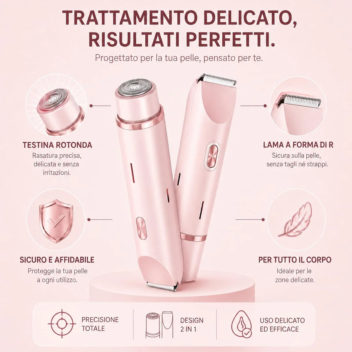 Rasoio Elettrico Donna 2 in 1 IPX7 Impermeabile Depilatore Bikini Doppia Testina