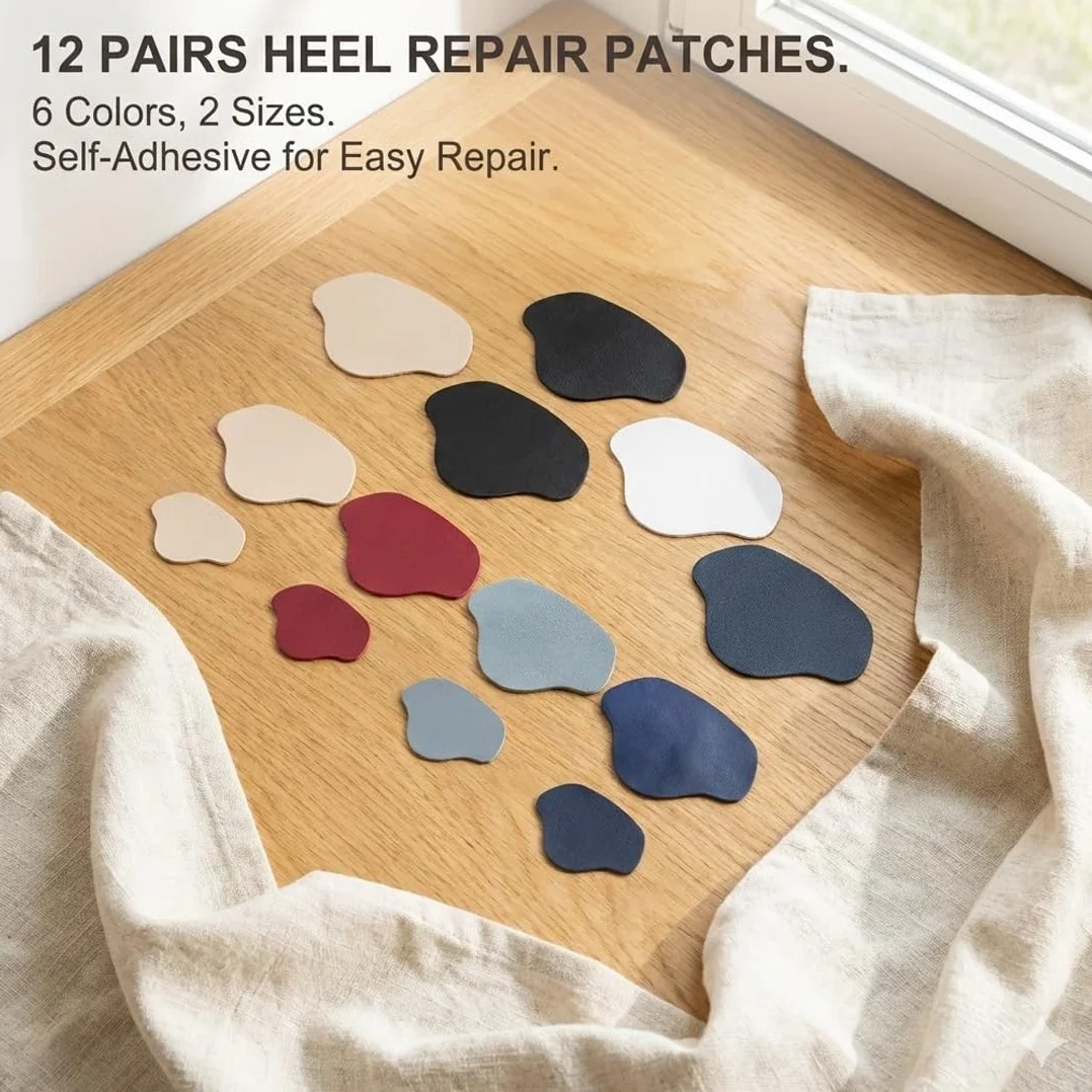 12 Paia Patch Riparazione Sneaker Autoadesive, Kit Anti-Buchi per Scarpe, Pelle, Tacchi Alti (2 Misure, 6 Colori)
