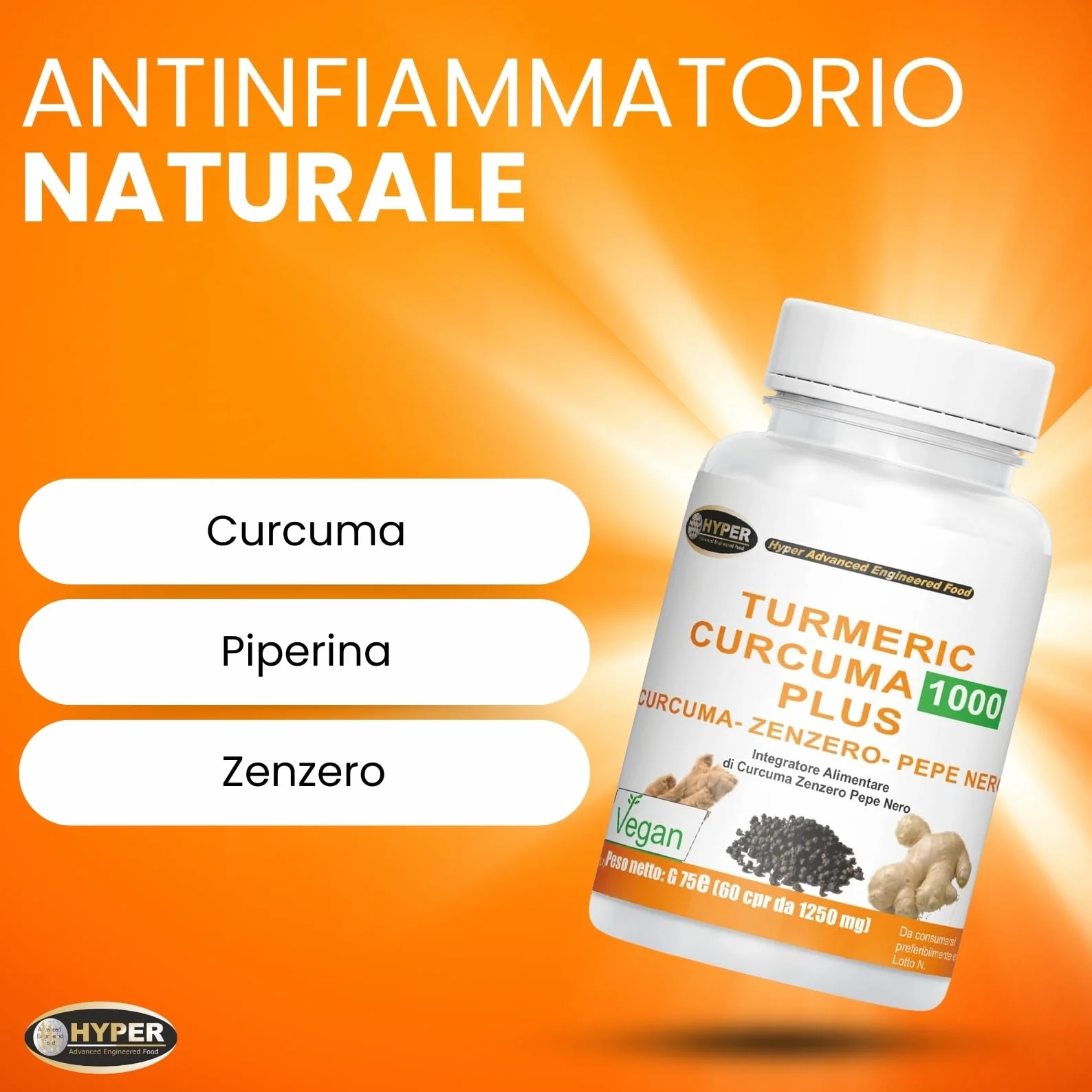 Hyper Turmeric Curcuma e Piperina Plus 1000mg - Integratore Antiossidante e Antinfiammatorio Naturale, 60 Compresse Made in Italy