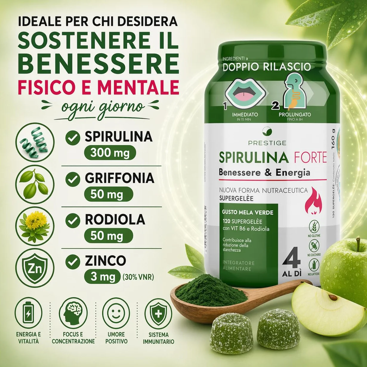 Spirulina Forte Integratore 120 Gommose Supergelée Mela Verde - Energia Focus Mentale Stanchezza Metabolico