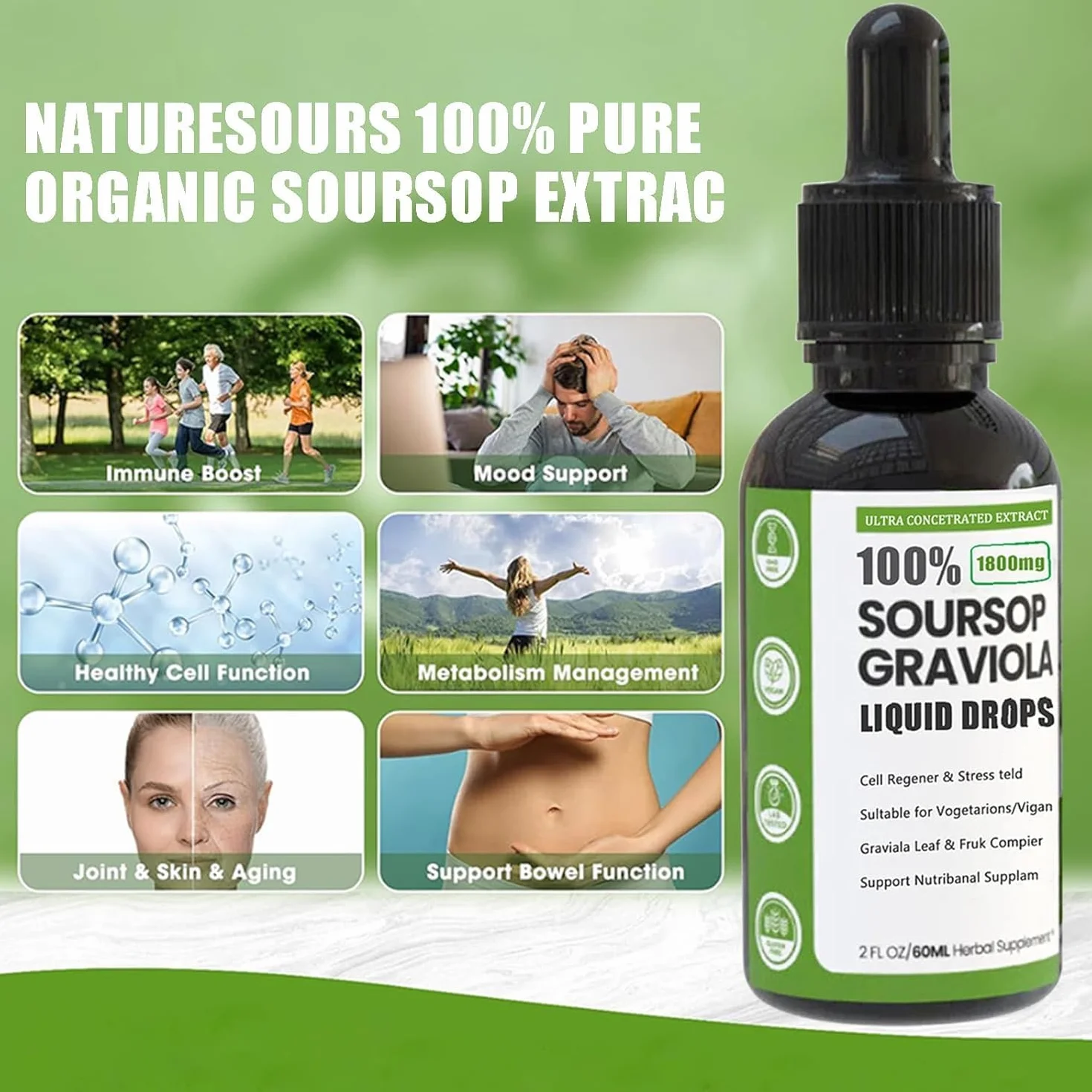 Naturesours Estratto di Soursop biologico, Naturesours 100% puro estratto di Soursop biologico, gocce liquide di graviola di Soursop stagnato 1800 mg, bontà di erbe, aroma naturale (1 pz)