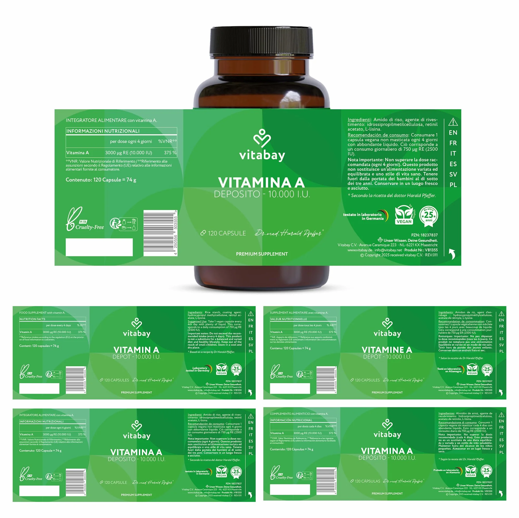 Vitabay Vitamina A capsule ad alto dosaggio – 120 capsule vegane di vitamina A retinolo 10000 UI – Vitamine A per occhi, pelle e sistema immunitario – Vit A Vegan – Testato in laboratorio