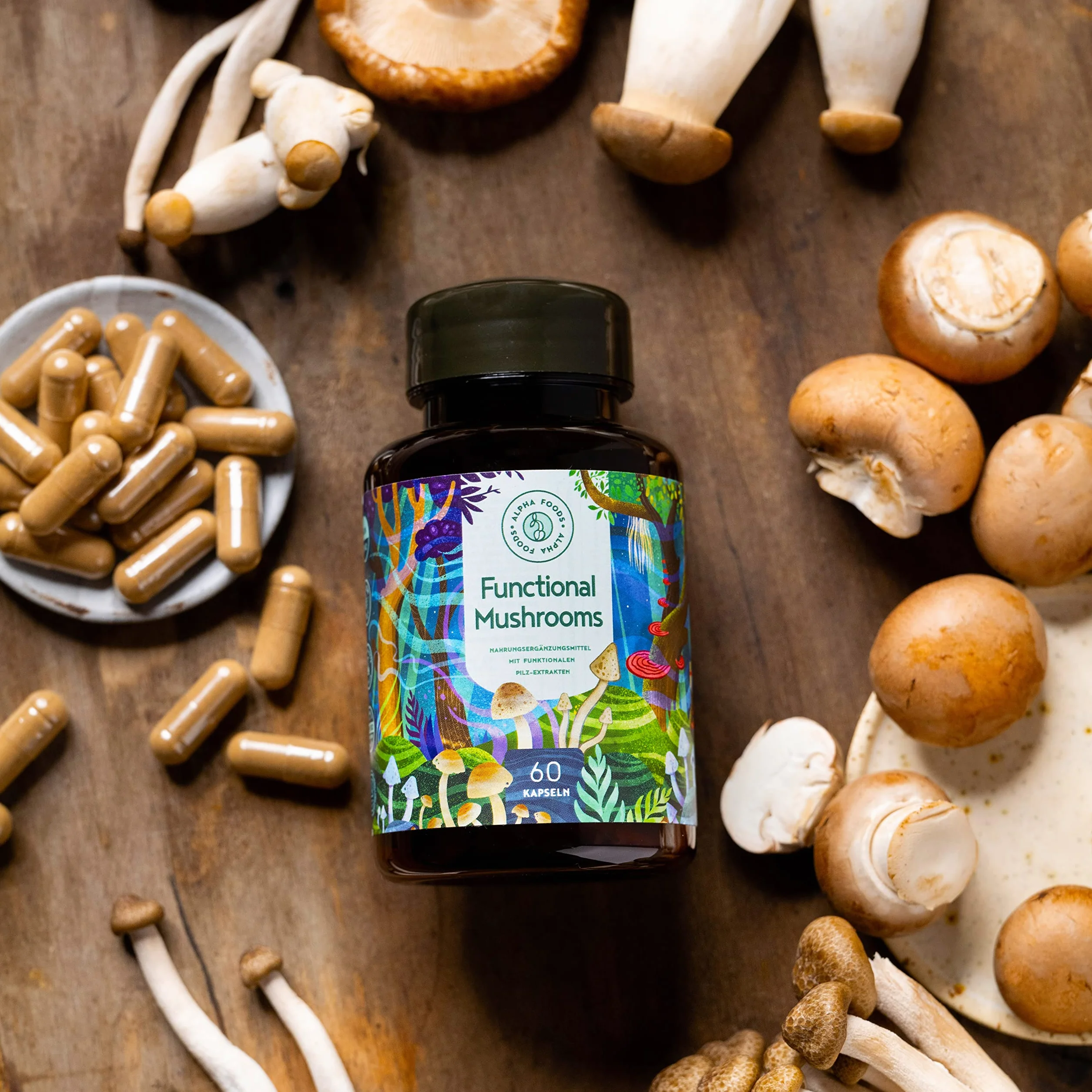 Funghi Funzionali con Maitake, Funghi Shiitake, Cordyceps, Fungo Reishi, Agaricus, Lions Mane | Integratore Multivitaminico Completo per Difese Immunitarie Adulti e Salute del Cuore | Alpha Foods