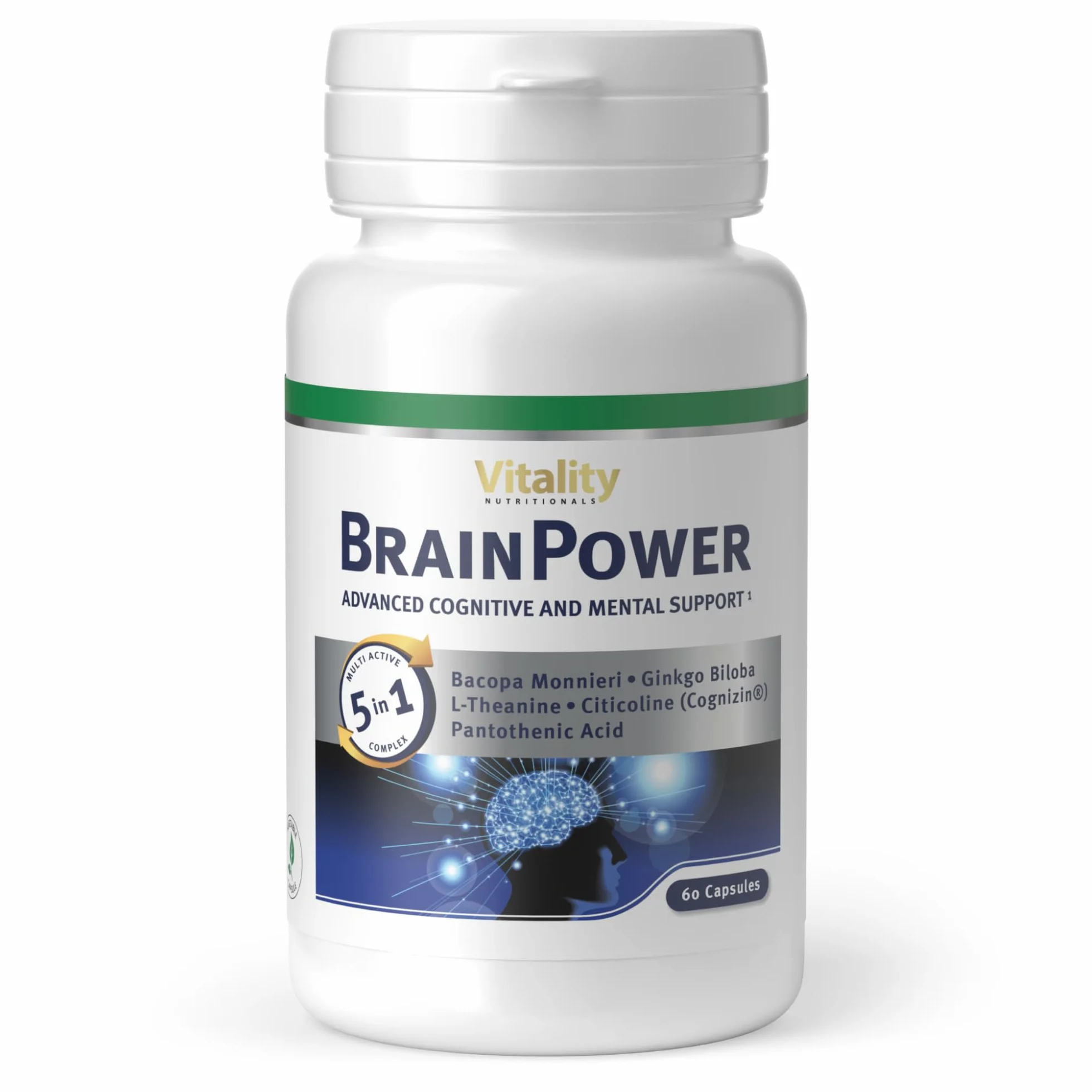 Brain Power, Ginkgo Biloba, Brahmi, Vitamina B6. Contribuisce a migliorare memoria, concentrazione, stress e l'affaticamento mentale. Vitality Nutritionals di VitaminExpress